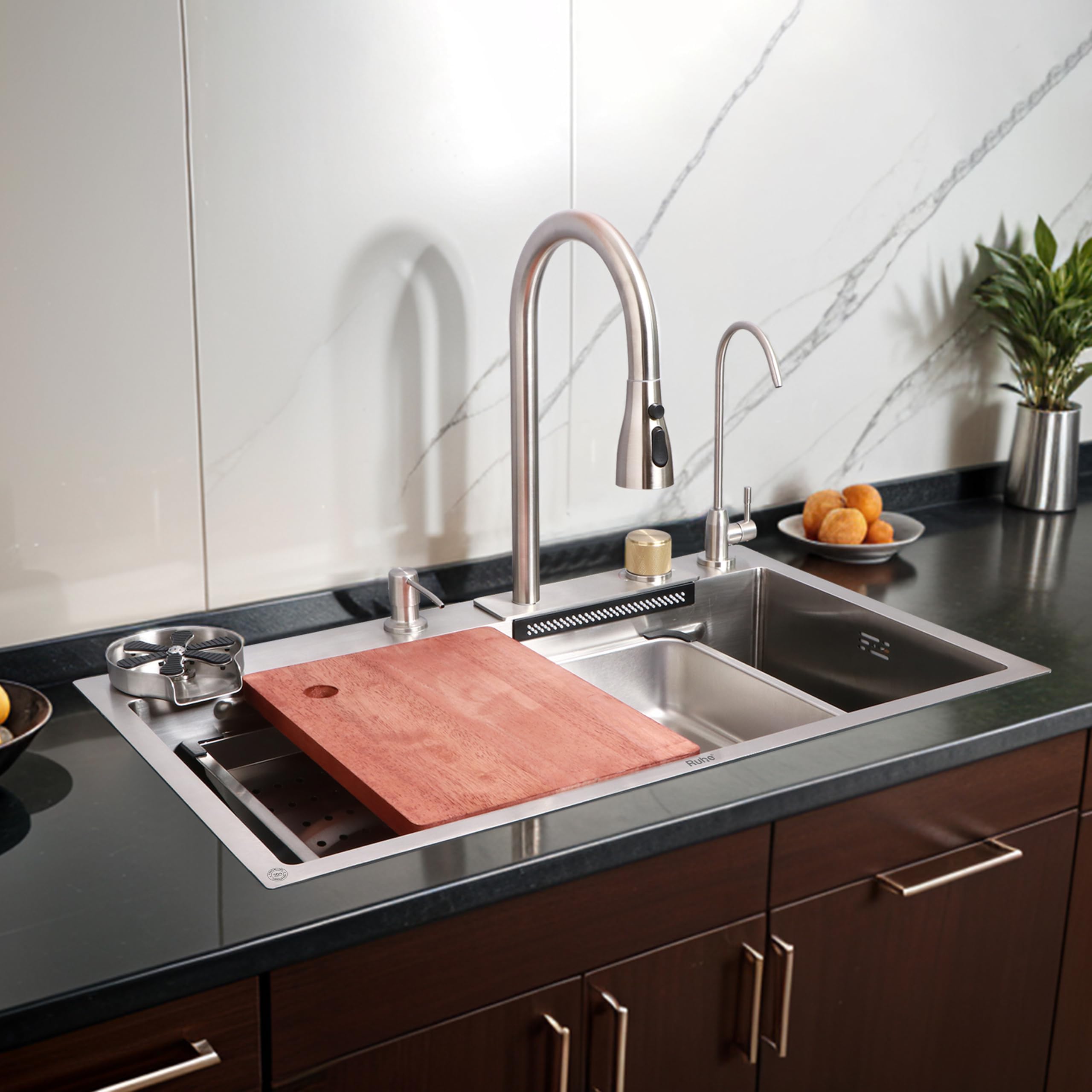Ruheยฎ Nano Silver Single Bowl Smart Kitchen Sink with Integrated Waterfall | 30x18x9 inches | 304-Grade Stainless Steel Sink with Cup Washer, Drain Basket, RO Tap and Pull Out Faucet | Matte Finish