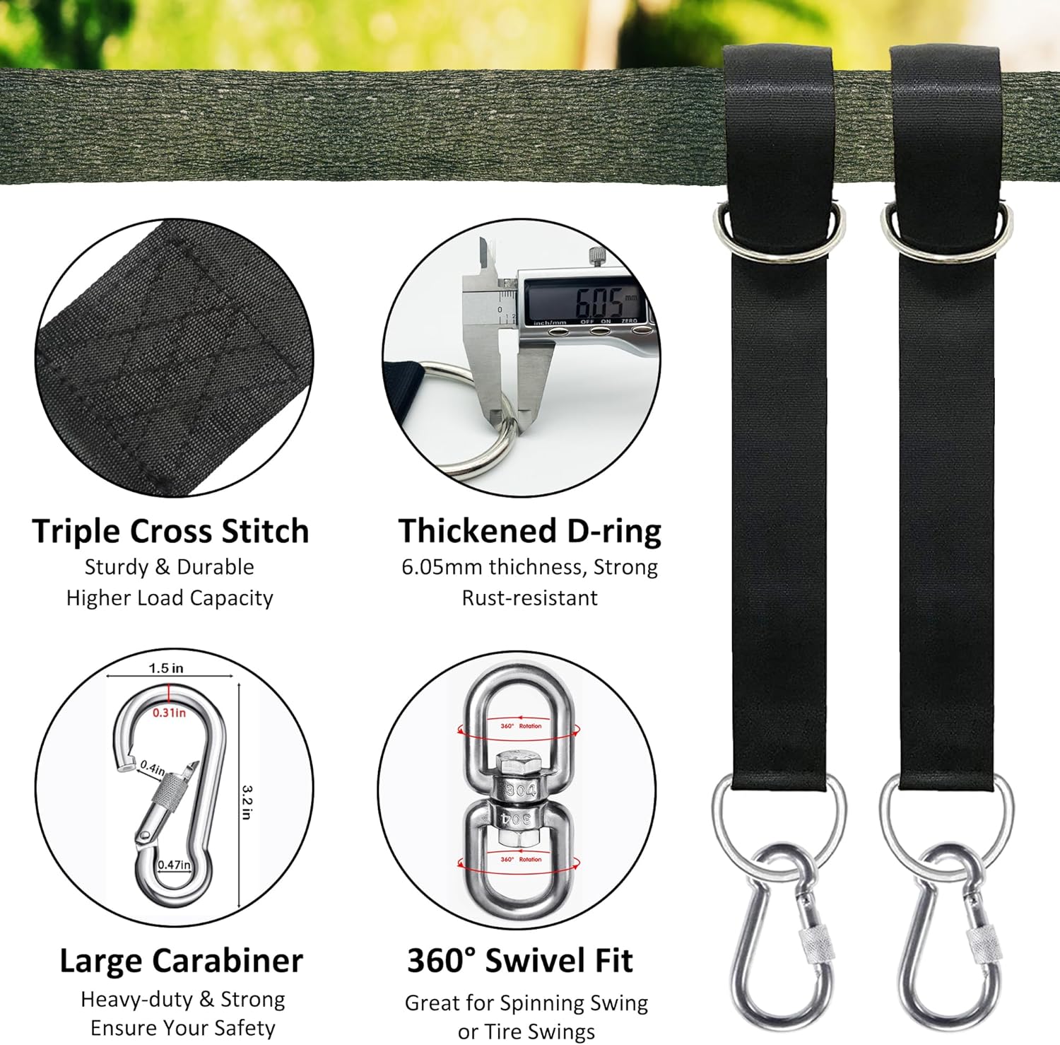 Tree Swing Straps Hanging Kit 4FT/8FT/15FT/20FT/25FT, Extra Long Tree Swing Straps Holds 5500 lbs with Lock Carabiners & Tree Protectors, Safer for All Swing & Hammock (4FT)