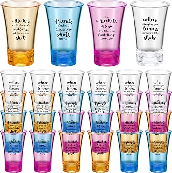 Zeyune 1.2oz Colorful Shot Glasses Acrylic Unbreakable Party Shot Glasses Compatible with 6 Shot Glass Dispenser and HolderClear, Yellow, Blue, Purple, 24 Pcs