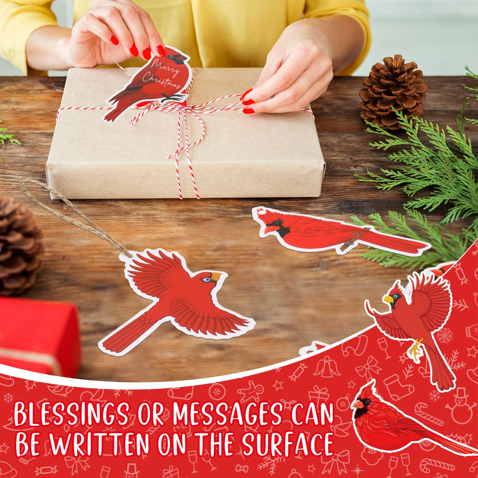 Spiareal Weihnachts-Geschenkanhänger aus Papier, mit Schnur, Vintage-Stil, roter Vogel, zum Aufhängen, für Weihnachten, Party, Geschenk, Basteln, 90 Stück