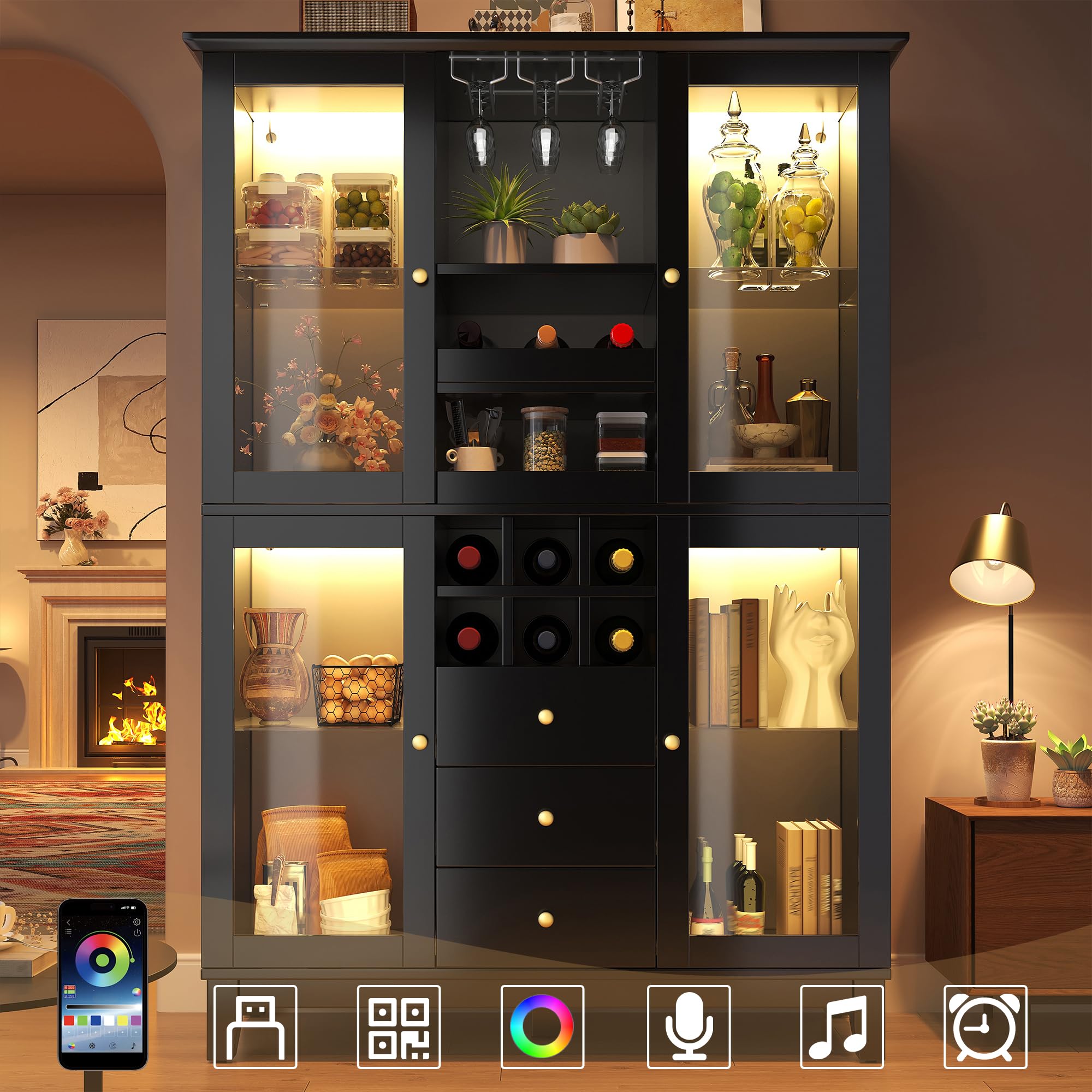 Weinschrank mit App-gesteuerter LED-Beleuchtung, 180,5x120x40 cm, Weinregal mit 3 Schubladen, Weinglas- & Flaschenhalter, Hausbar Weinbar, modernes Flaschenregal für Wohnzimmer & Esszimmer