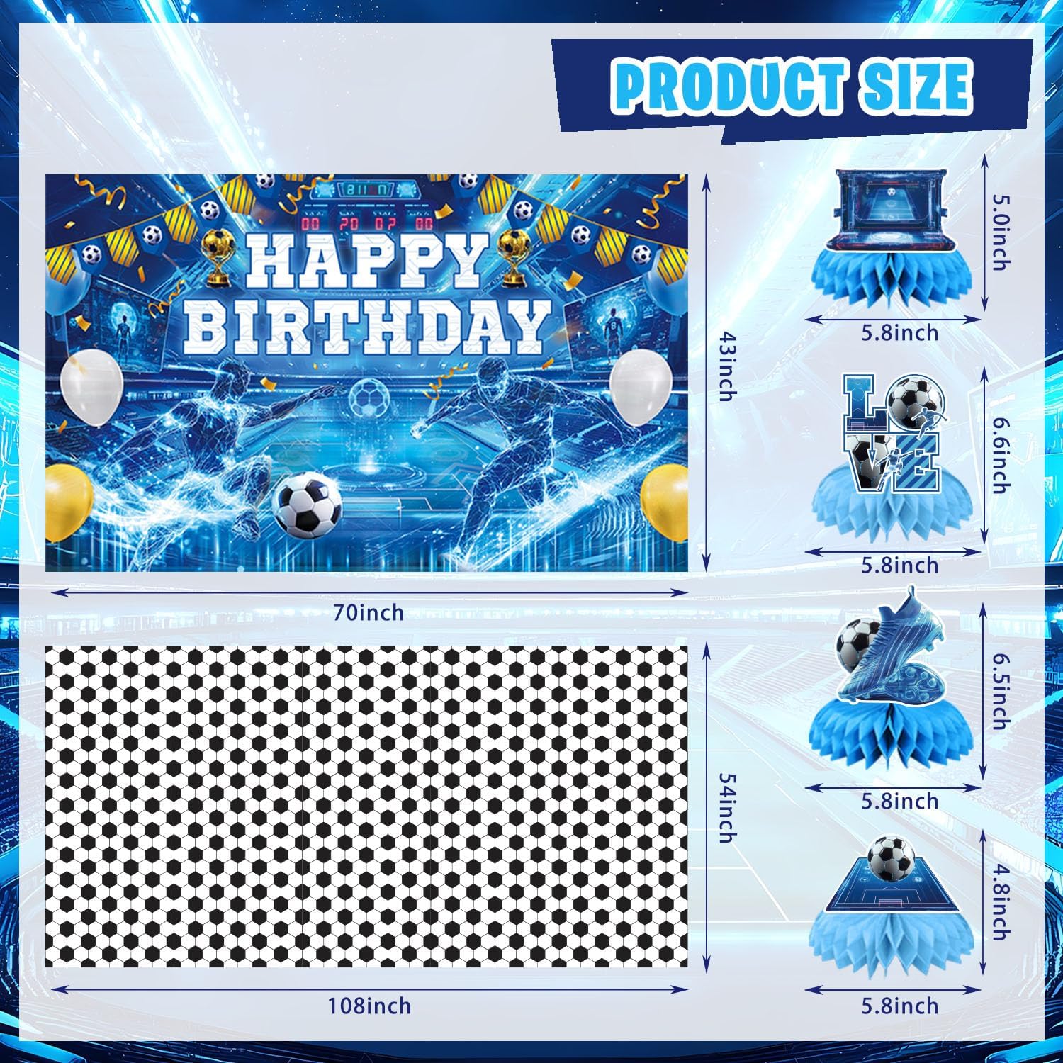 Soccer Party Decorations for Boys, 173Pcs Blue Soccer Ball Bday Party Decor Supplies for Kids - Backdrop, Banner, Tablecloths, Centerpieces, Hanging Swirls, Stickers, Wall Signs