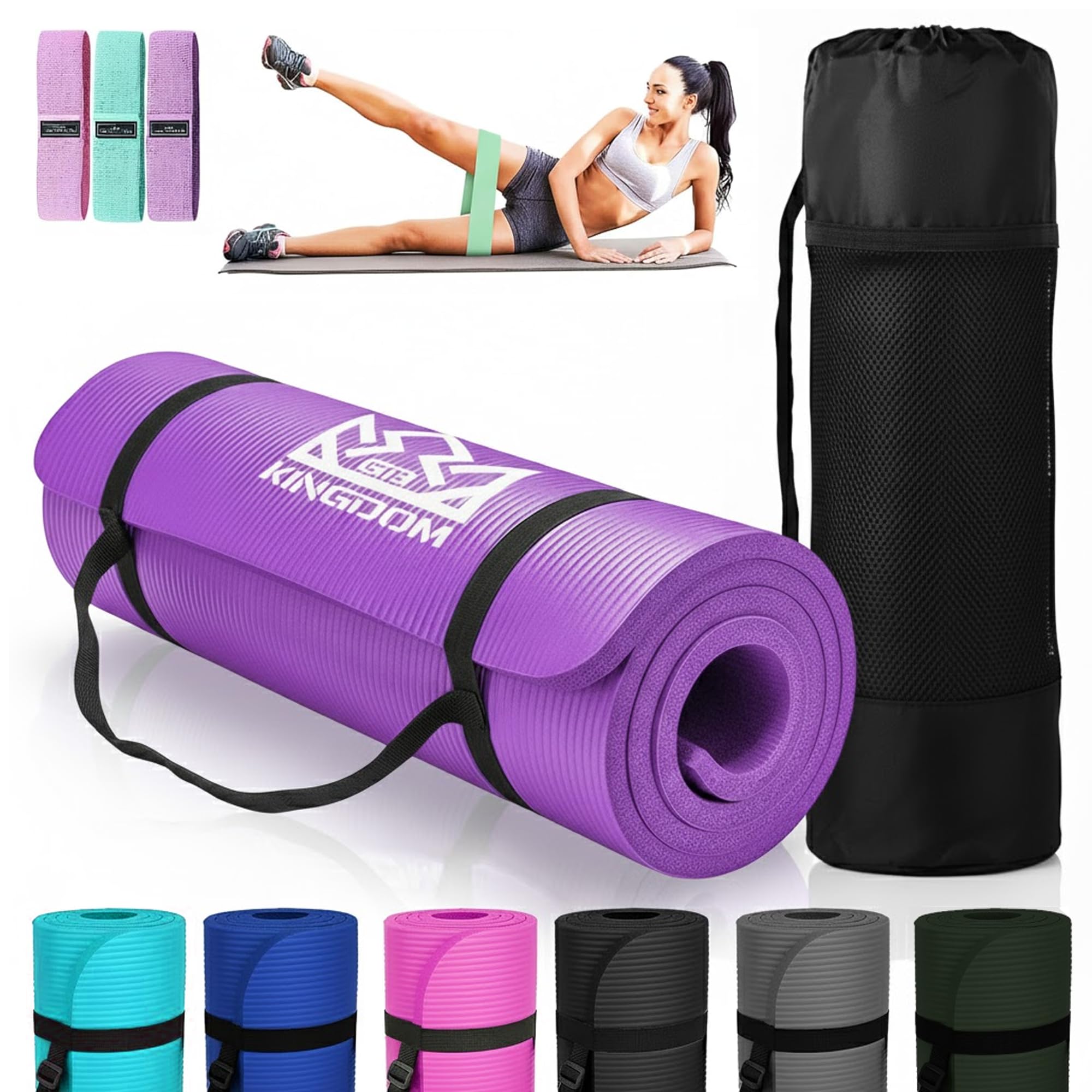 Kingdom Fitness Yoga Mat Exercise Extra Thick NBR Non-Slip Large Padded Pilates Gym Mats, Mens Womens Workout with Carry Bag, Strap & Resistance Band, Purple 20mm