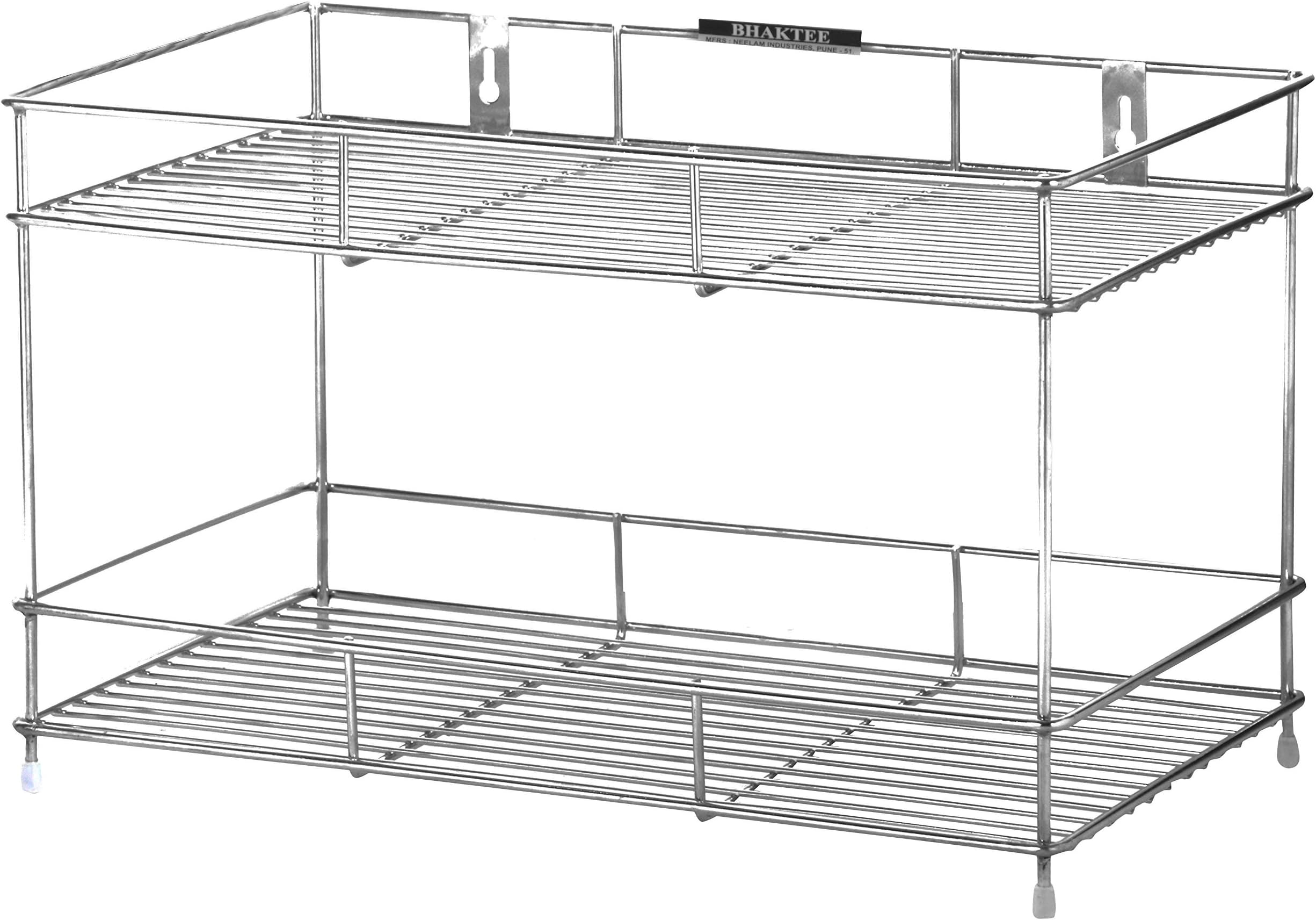 Bhaktee Stainless Steel 2-Tier Fruits and Vegetable Multipurpose Storage Rack for Kitchen Wall Mounted Shelves (46 X 25 X 28 Cm, Metallic, Big )