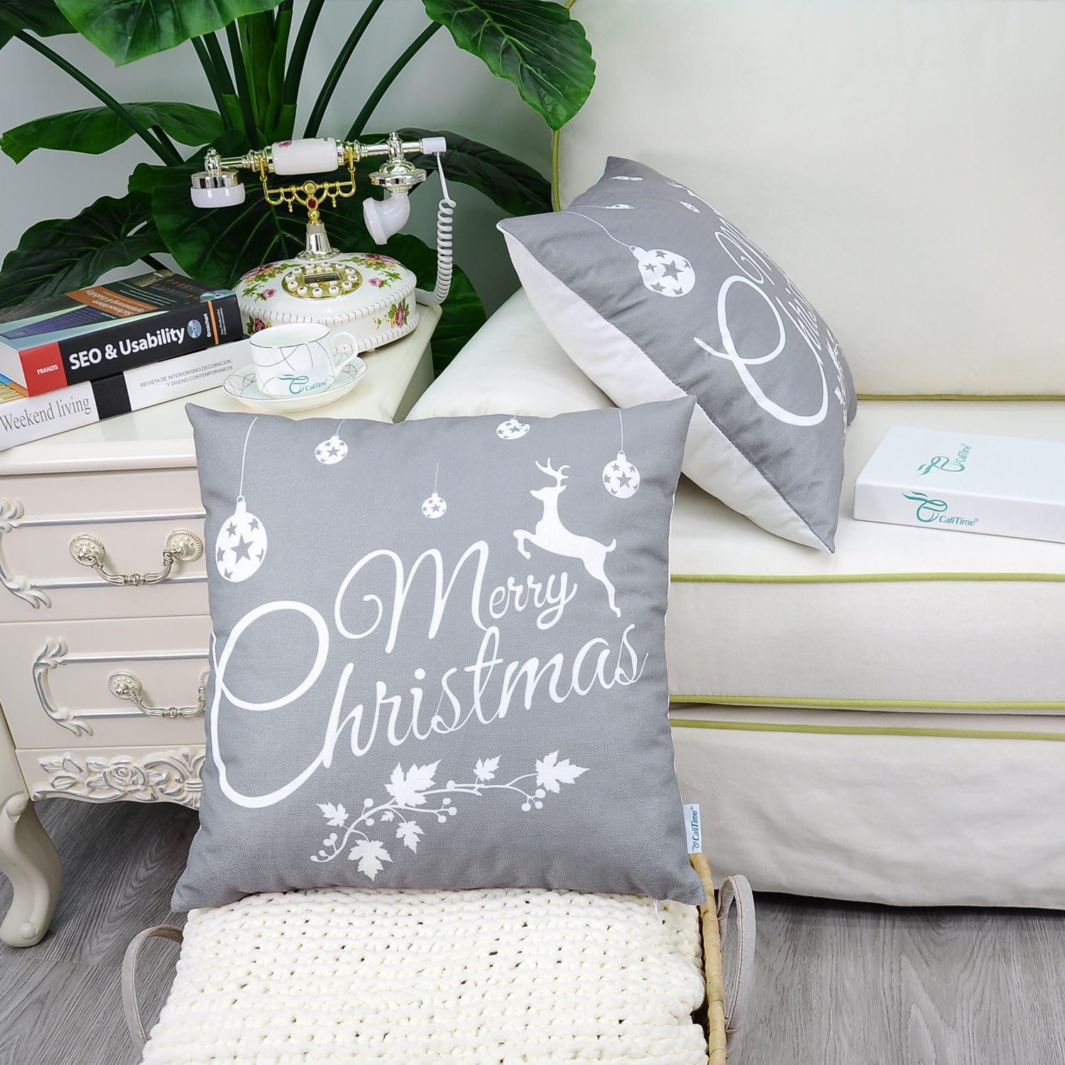 CaliTime Pack of 2 Soft Canvas Throw Pillow Covers Cases for Couch Sofa Home Decoration Merry Christmas White Reindeer 18 X 18 Inches Gray