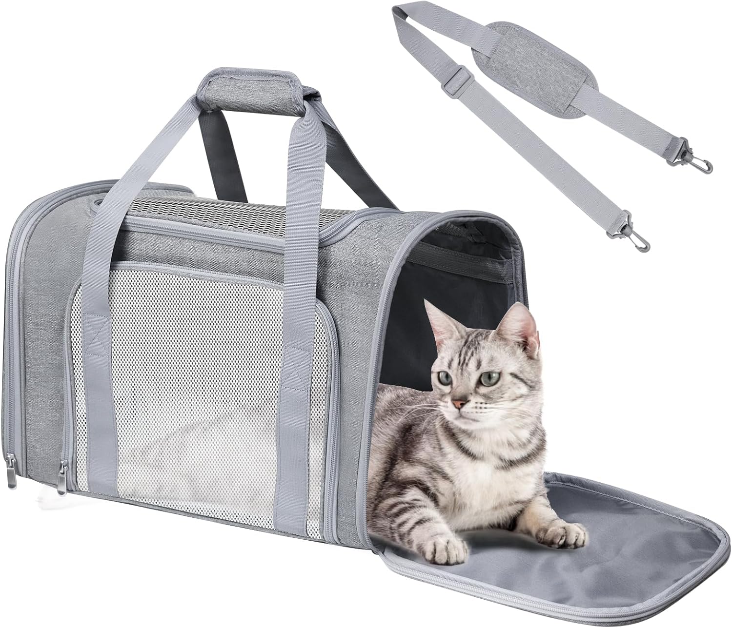 Cat Carrier Soft for Pets Up to 15 Lbs, Cat Travel Bag Soft-Sided with Padded Shoulder Strap, Pet Dog Carriers for Small Dogs Travel Puppy Carry Airline Approved, Grey 17"L x 11"W x 11"H Grey