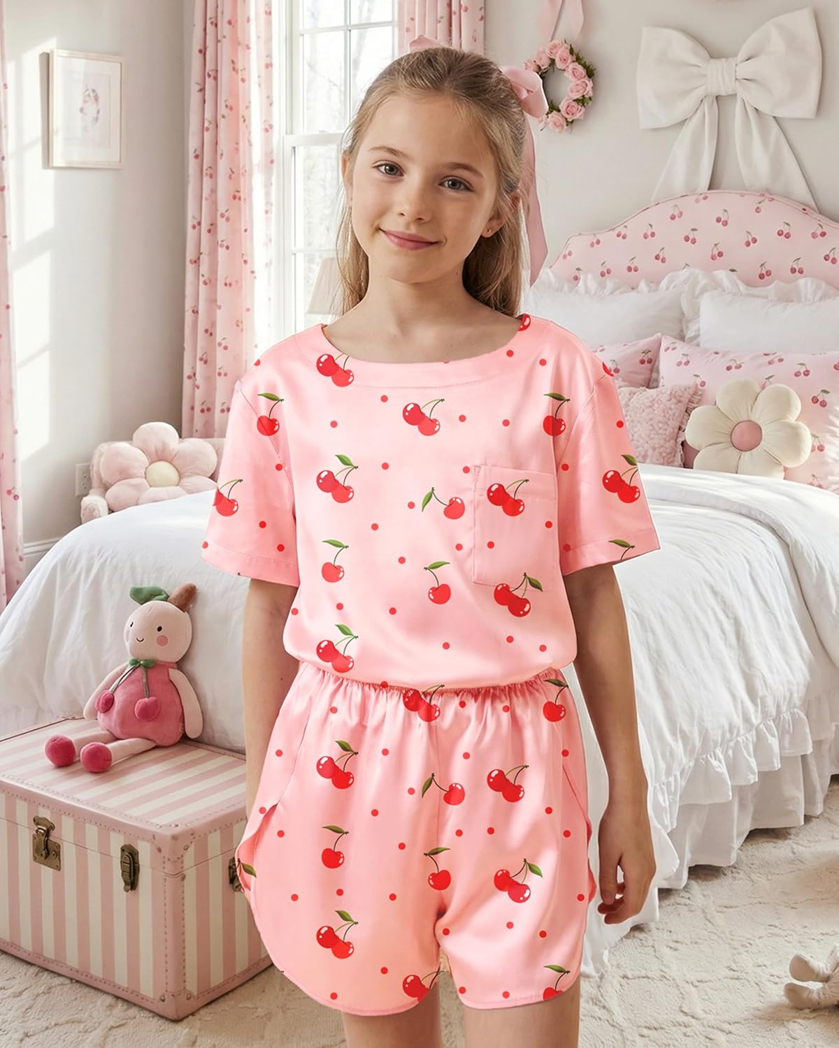 Petite&Me Silk Girls Pajamas Soft T-Shirt Flowy Shorts Flora Party Sleepwear Set for Kids/Teens - Image 5