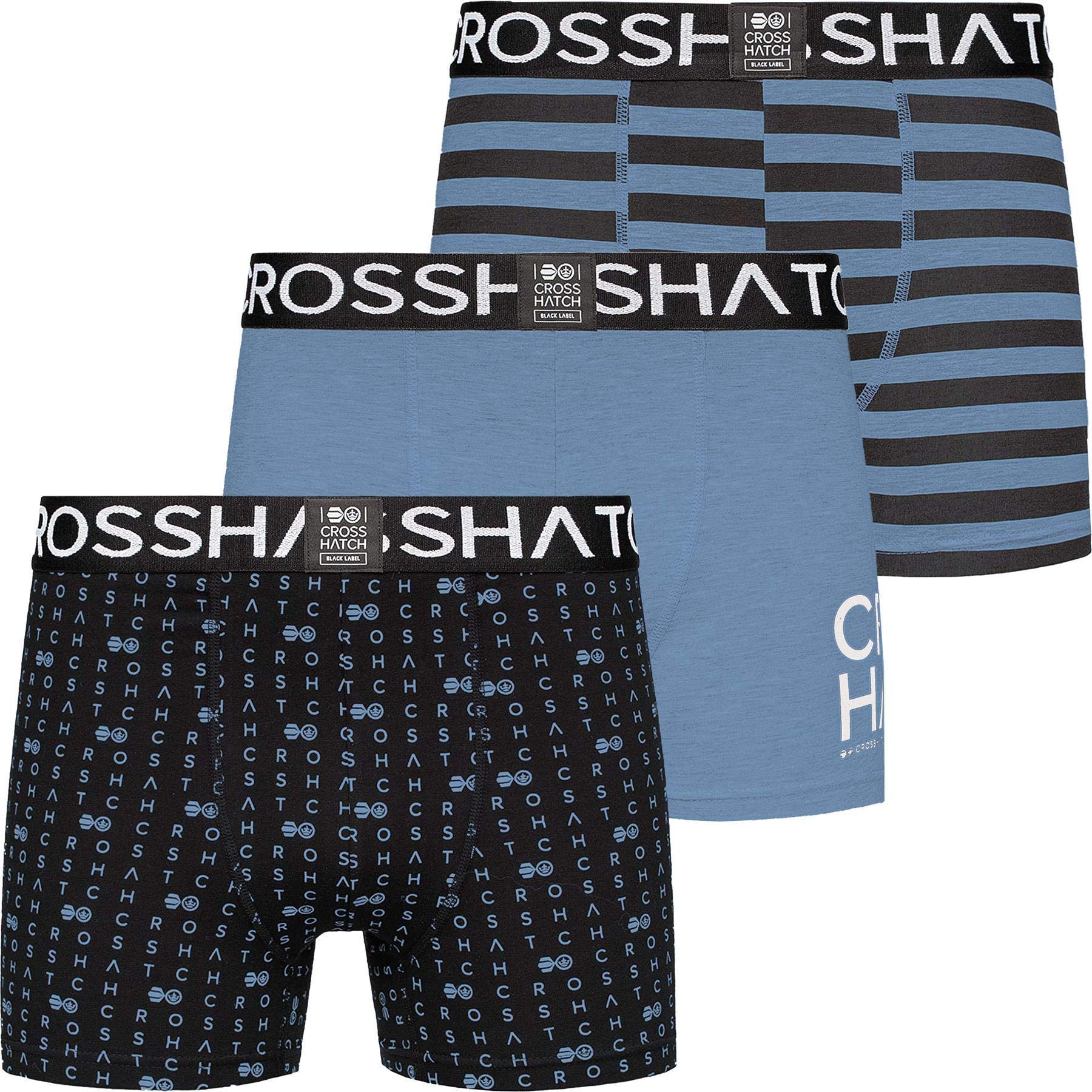 Crosshatch Bresler Mens Boxers Shorts 3 Pack Designer Multipack Underwear Check Gift Set, Faded Denim - Withline, M