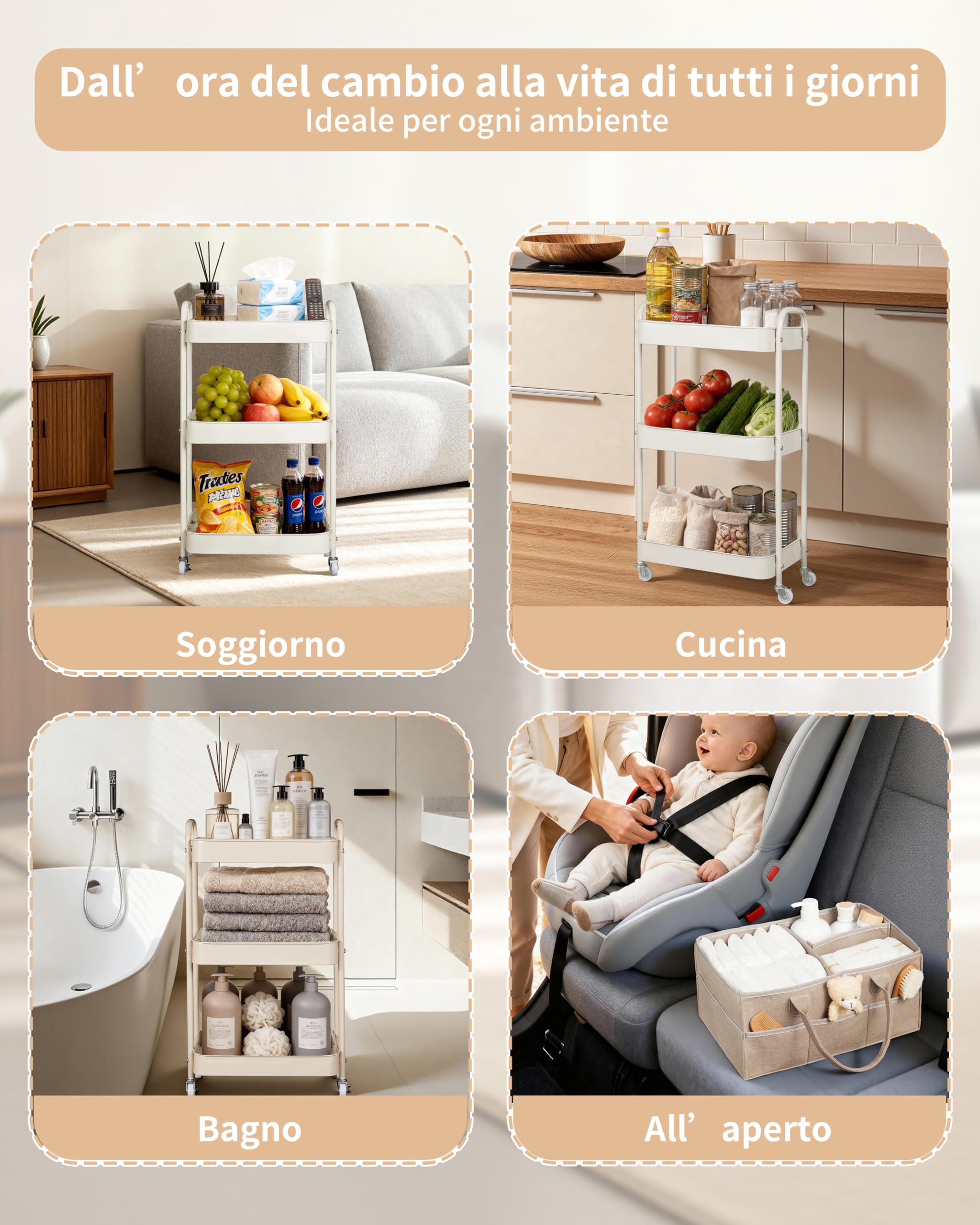 Fortella Carrello con Ruote Portatutto, Organizer Fasciatoio per Neonati Portatile, Ideale per Fasciatoio Neonato Bagno, Regalo Nascita Bimbo, 3 Ripiani Carrello Porta Attrezzi, Cucina (Marrone)