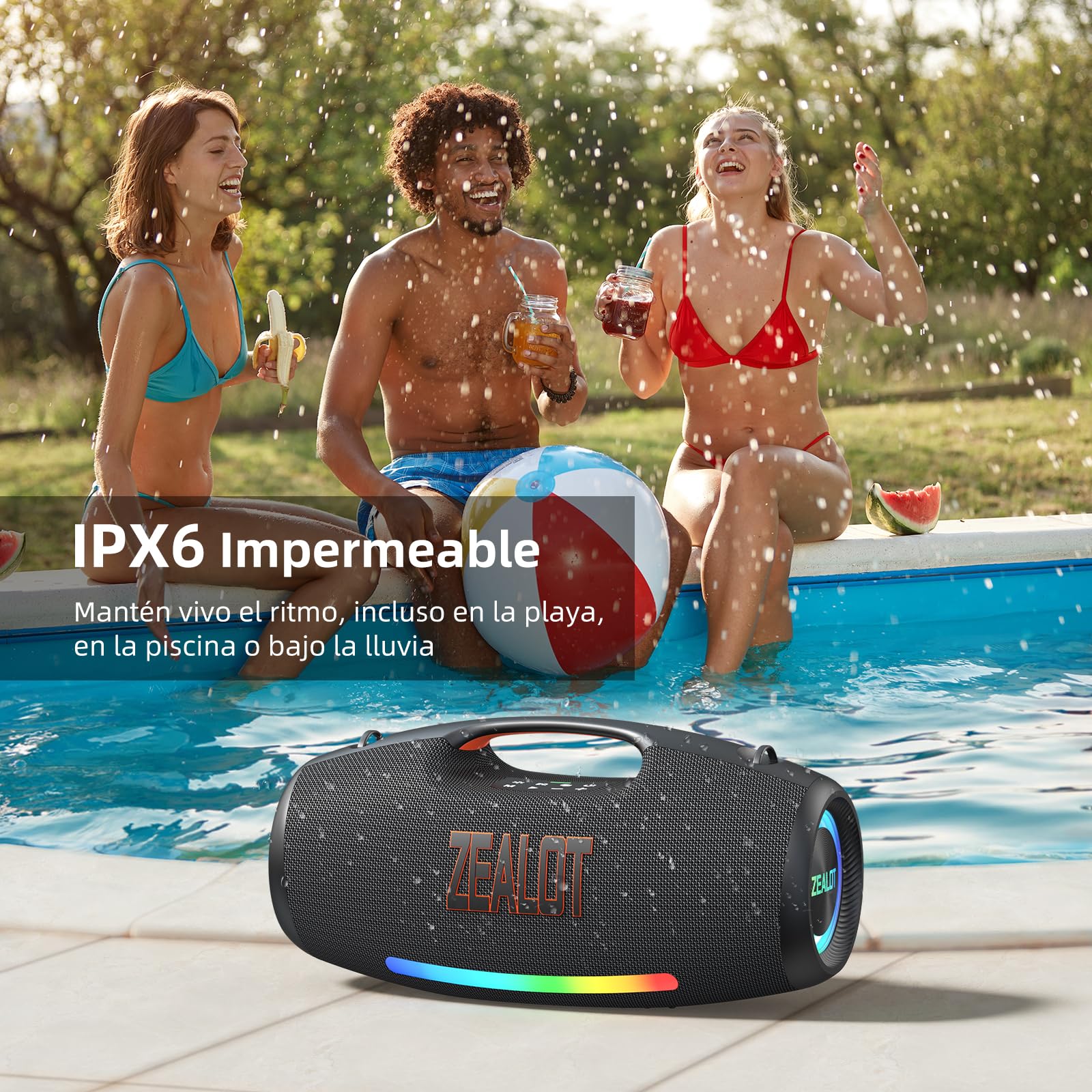 Zealot 250W Altavoz Bluetooth Portáti con Luz LED, Sonido Estéreo, Altavoz Grande con Potente Bass, Autonomía de 40 Horas, Banco de Energía, Bluetooth 5.3 y IPX6 Impermeable para Exterior