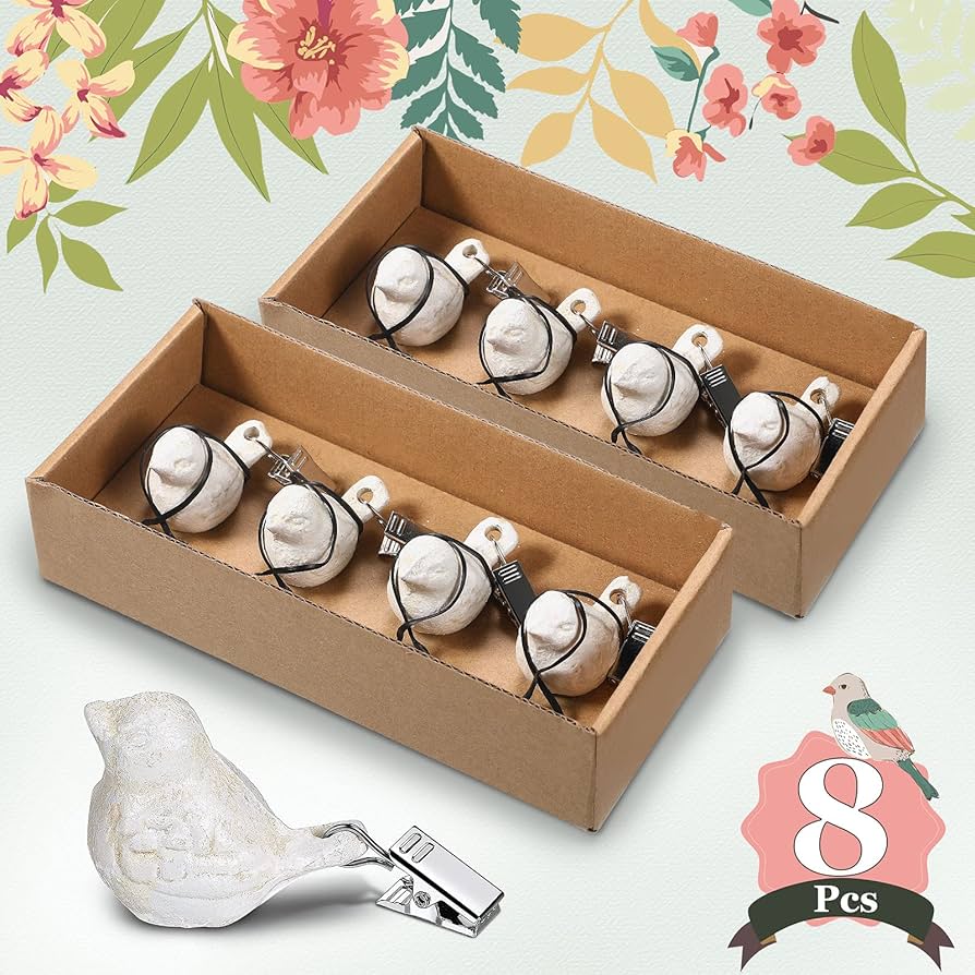 8 Pieces Tablecloth Weights Cast Iron Antique Bird Vintage Tablecloth Weights Clip On Hangers Pendant Kit For Outdoor Home Garden Party Wedding Picnic Table Covers(White