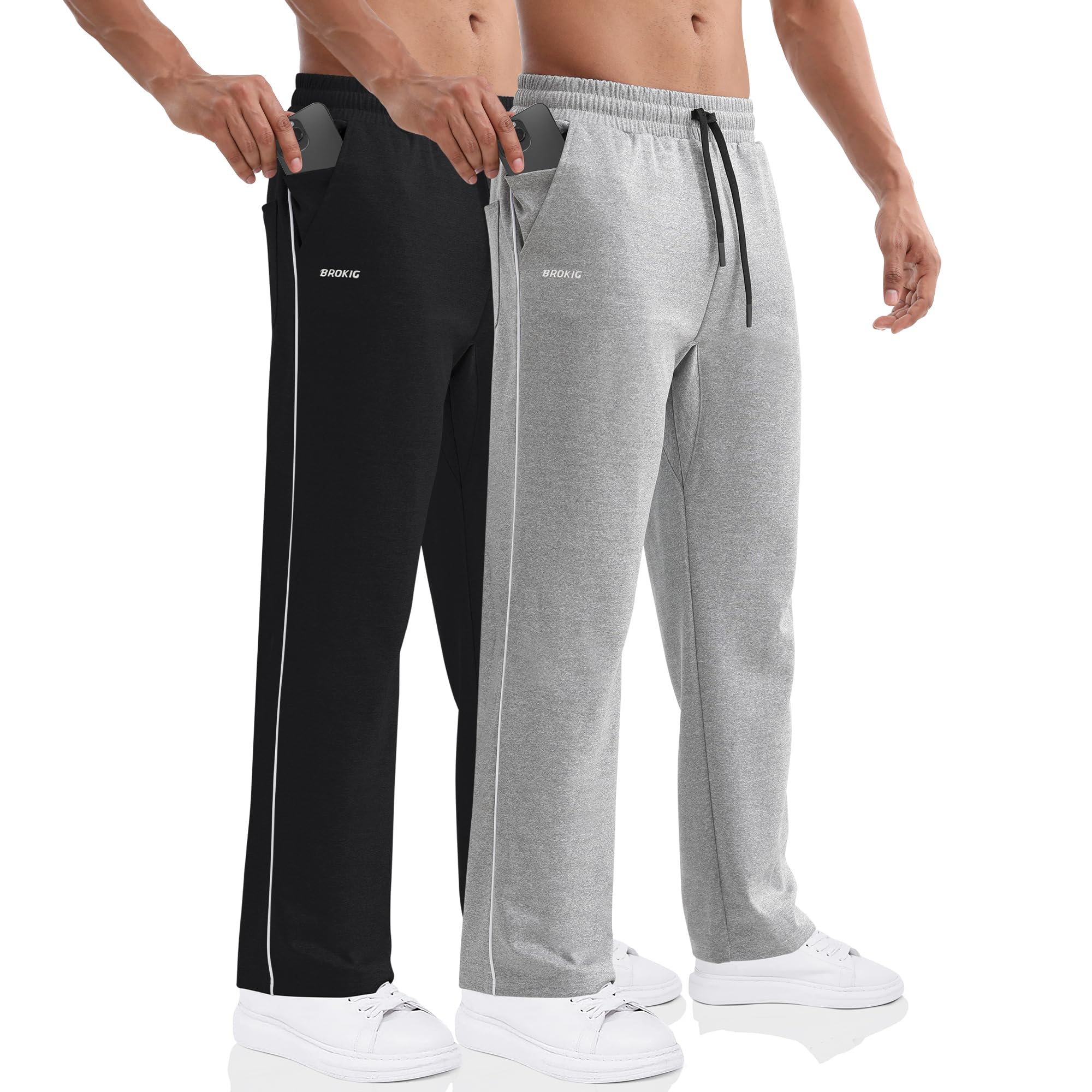 BROKIG Mens Gerade Athletic Pants Workout Jogger Pants Elastic Waistband Open Bottom Loose Sweat Pants with Zip Pockets