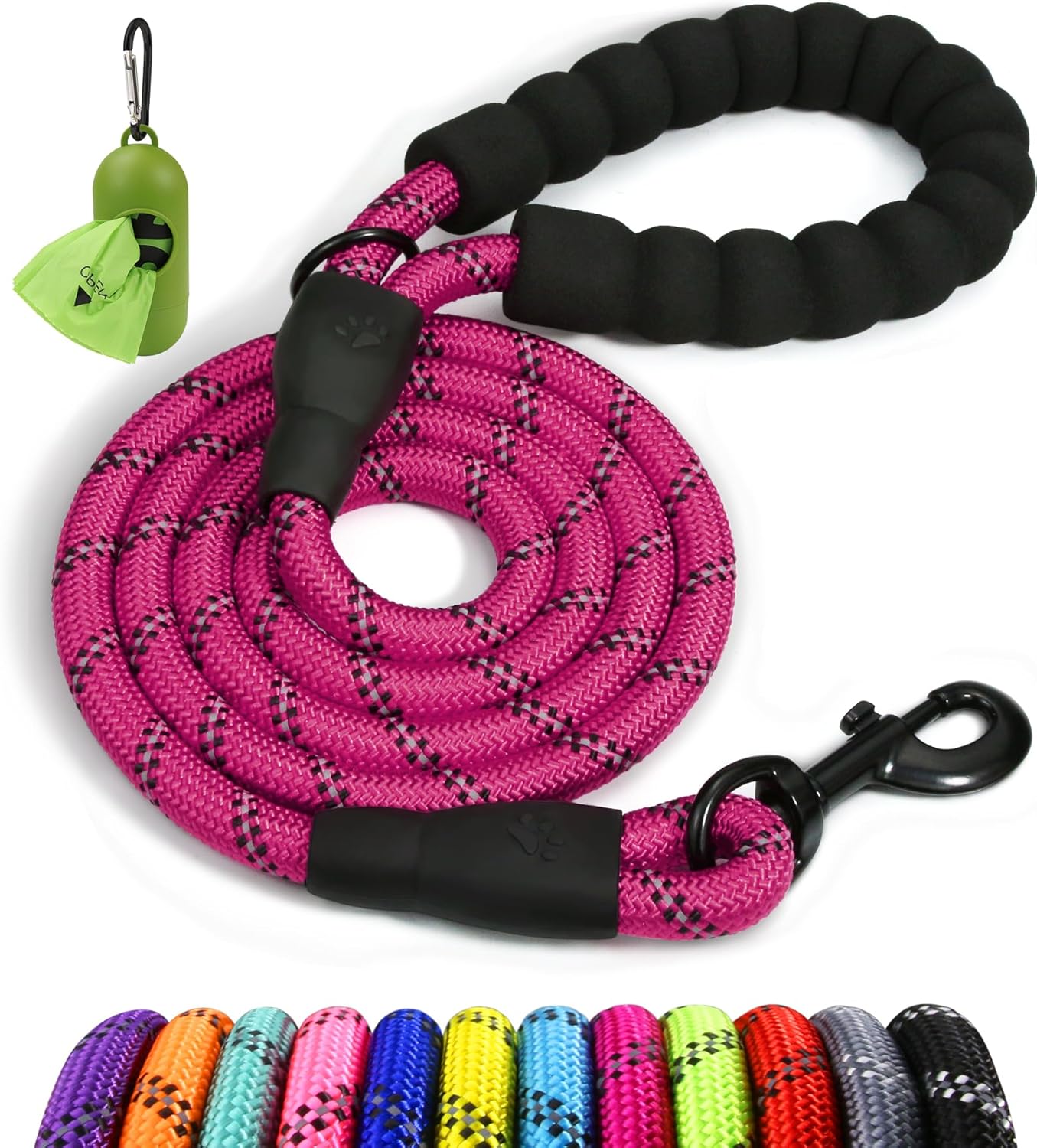 Taglory 6 FT Rope Dog Leash with Padded Handle and Reflective Threads for Medium Large Dogs, 1/2 Inch, Hot Pink