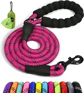 Taglory 6FT Rope Dog Leash for Medium Large Dogs - Padded Handle, Reflective Threads, Anti-Tangle Clip, 1/2 Inch Hot Pink