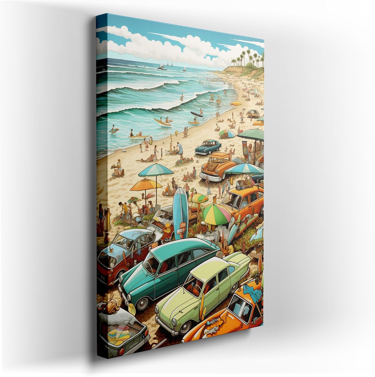 Canvas for Living room. Coastal Carnival: A Tapestry of Sun, Surf, and Sand Revival, 27 x 18 inch Canvas Wall Art - Retro Home Decor - 69x46 cm (27x18 inch)