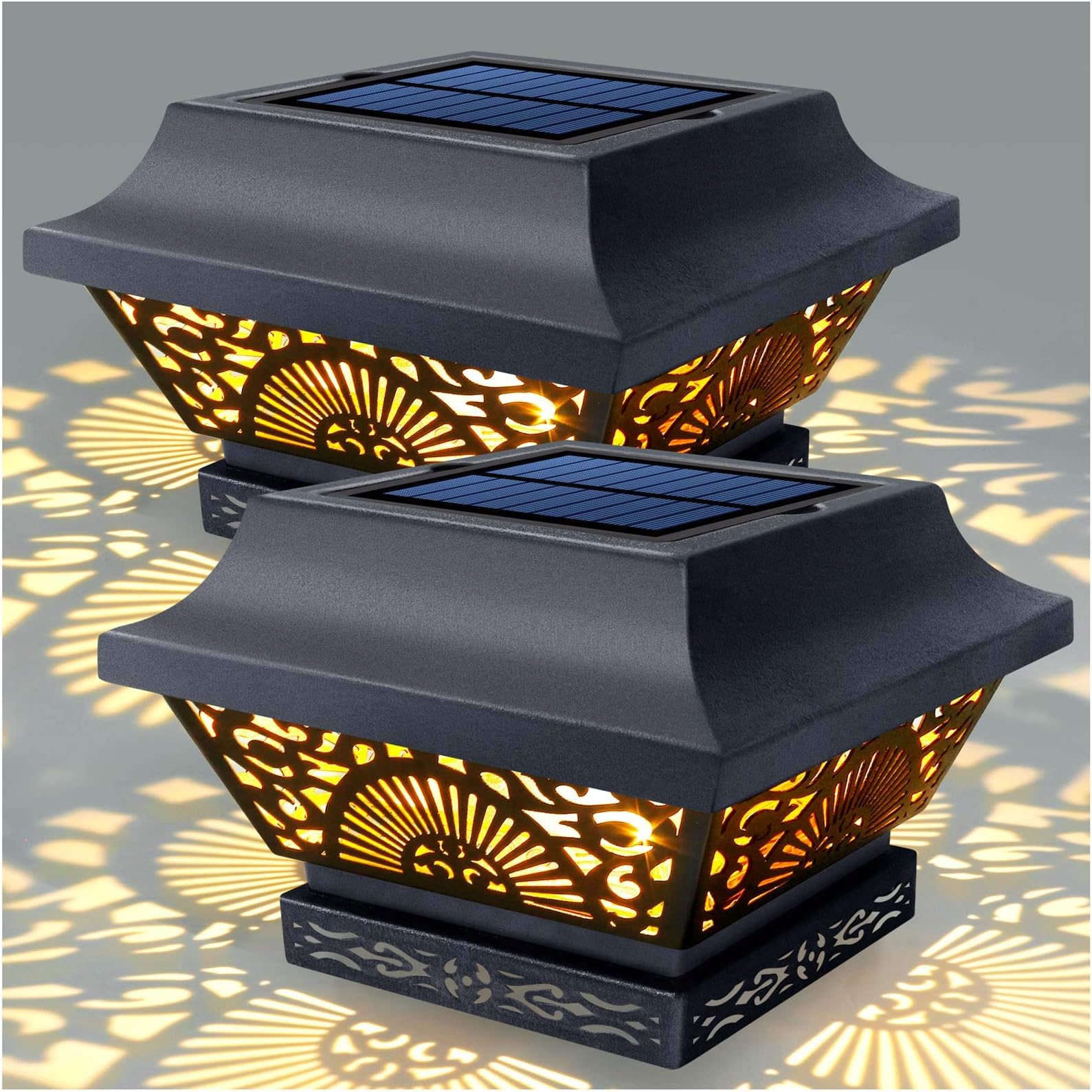 DenicMic Solar Post Lights 2 Pack Solar Post Cap Lights Outdoor Waterproof Metal 25 Lumen Warm White LED Lighting for 3.5x3.5 4x4 5x5 Wooden Fence Posts, Deck Rail, Yard, Patio, Garden (Black)