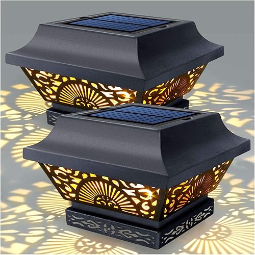 Paquete de 2 luces solares para postes para postes al aire libre, impermeables, de metal blanco cálido, iluminación LED de 25 lúmenes para postes de