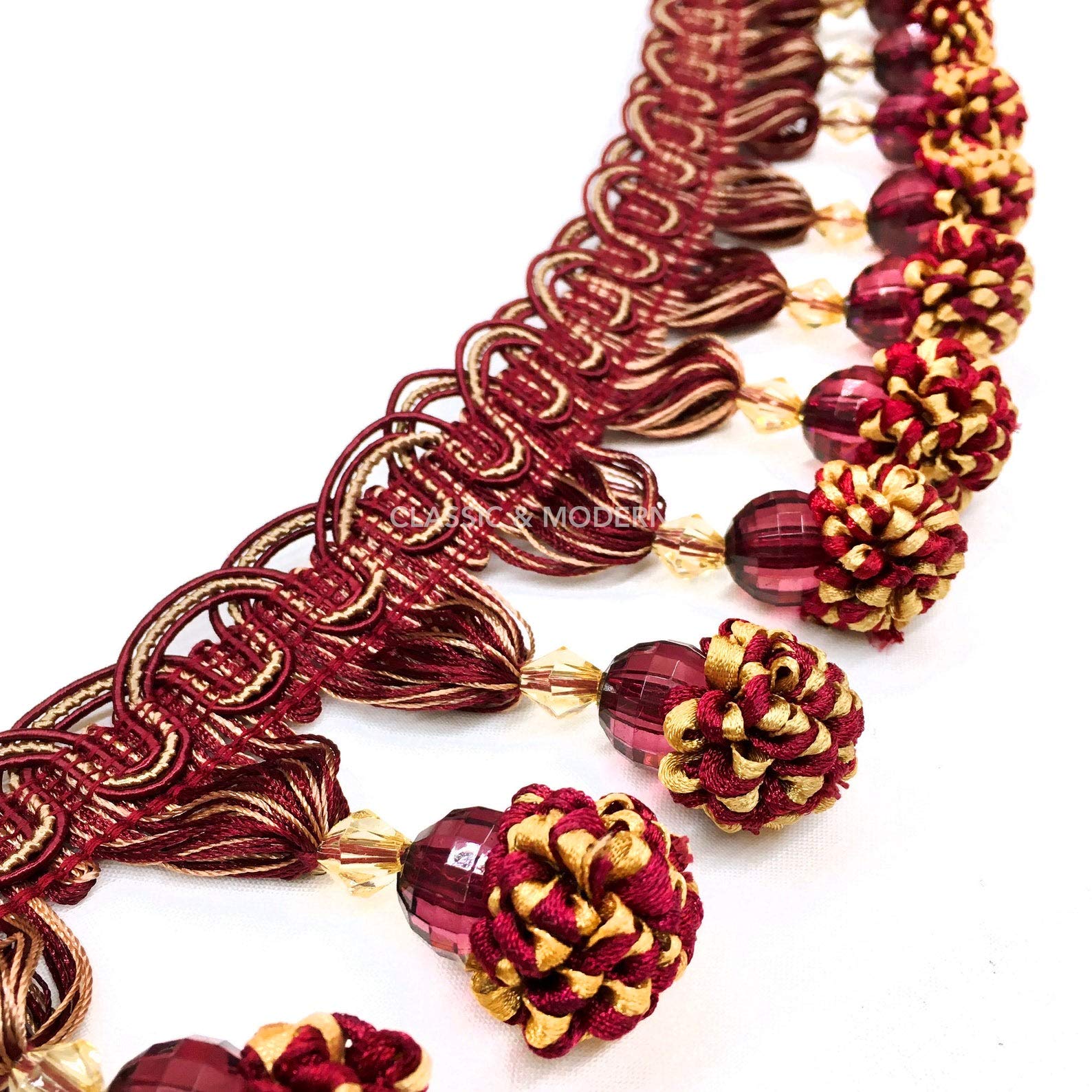 Passementerie Frange à Glands CONSO - 23 1/3 Yards (environ 21m), Couleurs Vert/bordeaux/beige