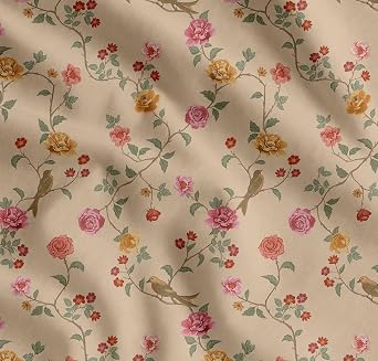 Soimoi Cotton Cambric Fabric - Floral Print - Beige - 56" Wide, Soft Lightweight Fabric by 3 Metre for Kurtas, Dresses, Baby Clothes, Linings, Quilting & Embroidery Base