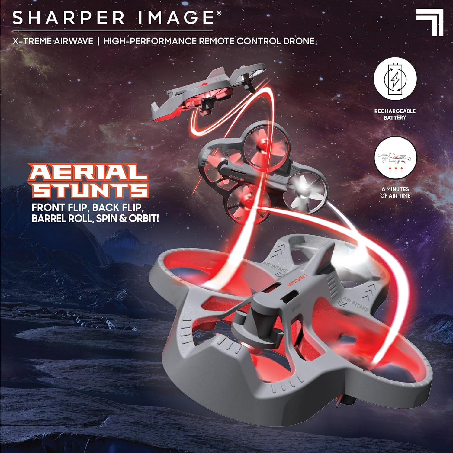 Image showing the Sharper Image X-Treme Airwave drone performing aerial stunts like flips and rolls.