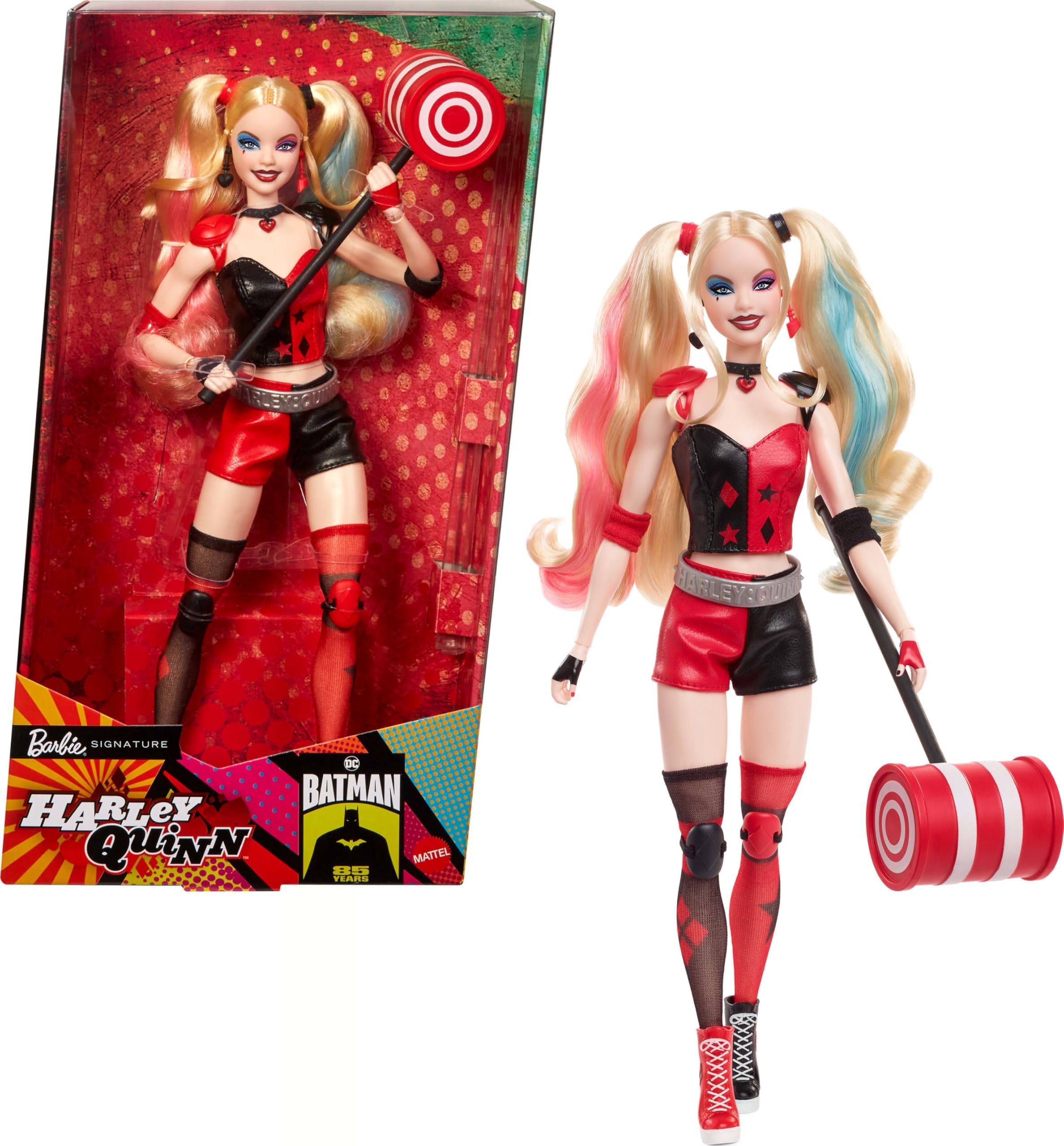 Barbie Signature Harley Quinn Collectible Doll, with Posable Body, Iconic Outfit and Mallet Accessory, DC Batman 85th Anniversary Collectible, HRM84