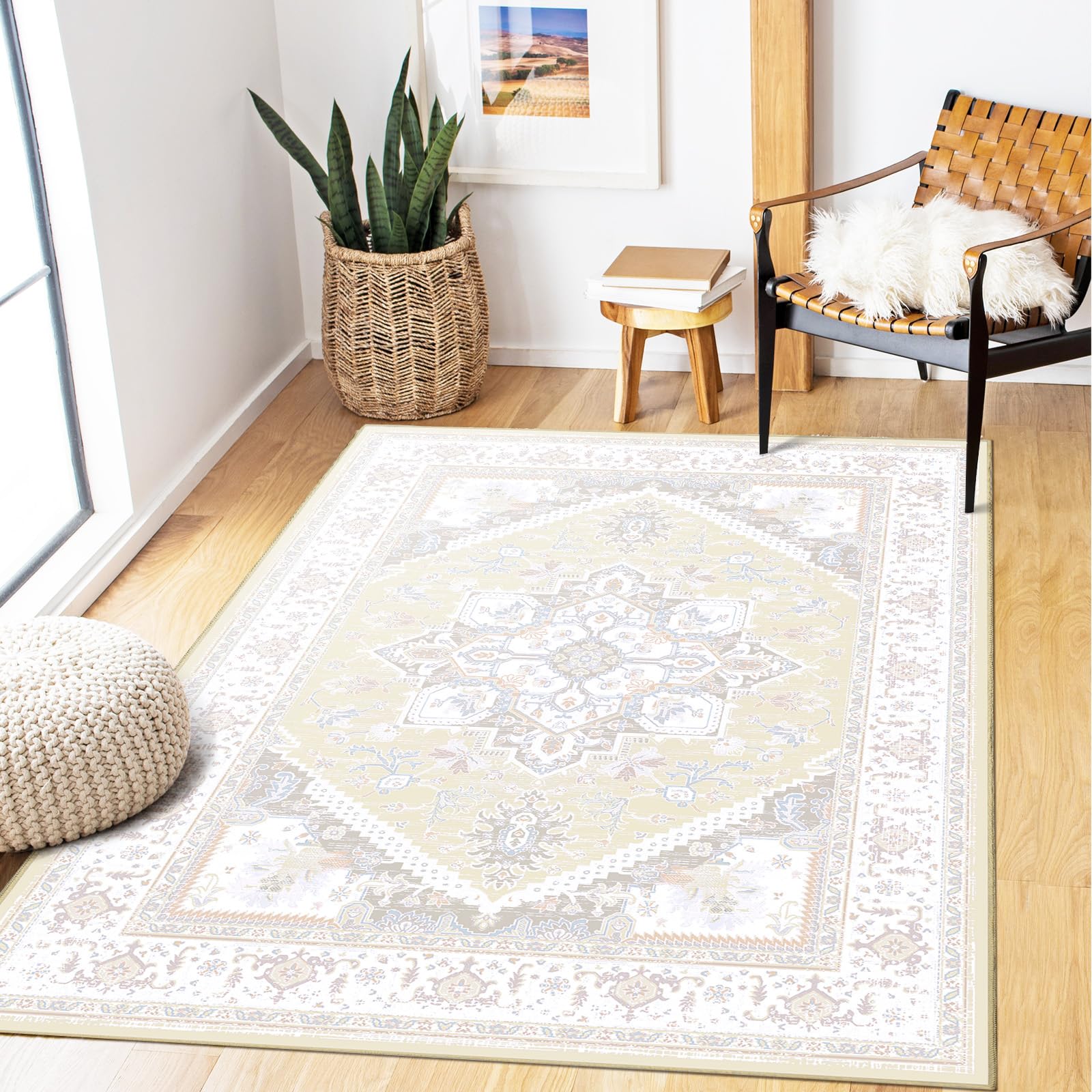 BESTSWEETIE Area Rugs 4x6 Rugs, Washable Area Rug, Non Slip Floor Carpet, Low Pile Doormat Soft Vintage Rug for Living Room Bedroom Dinning Room Kitchen Indoor-Cream
