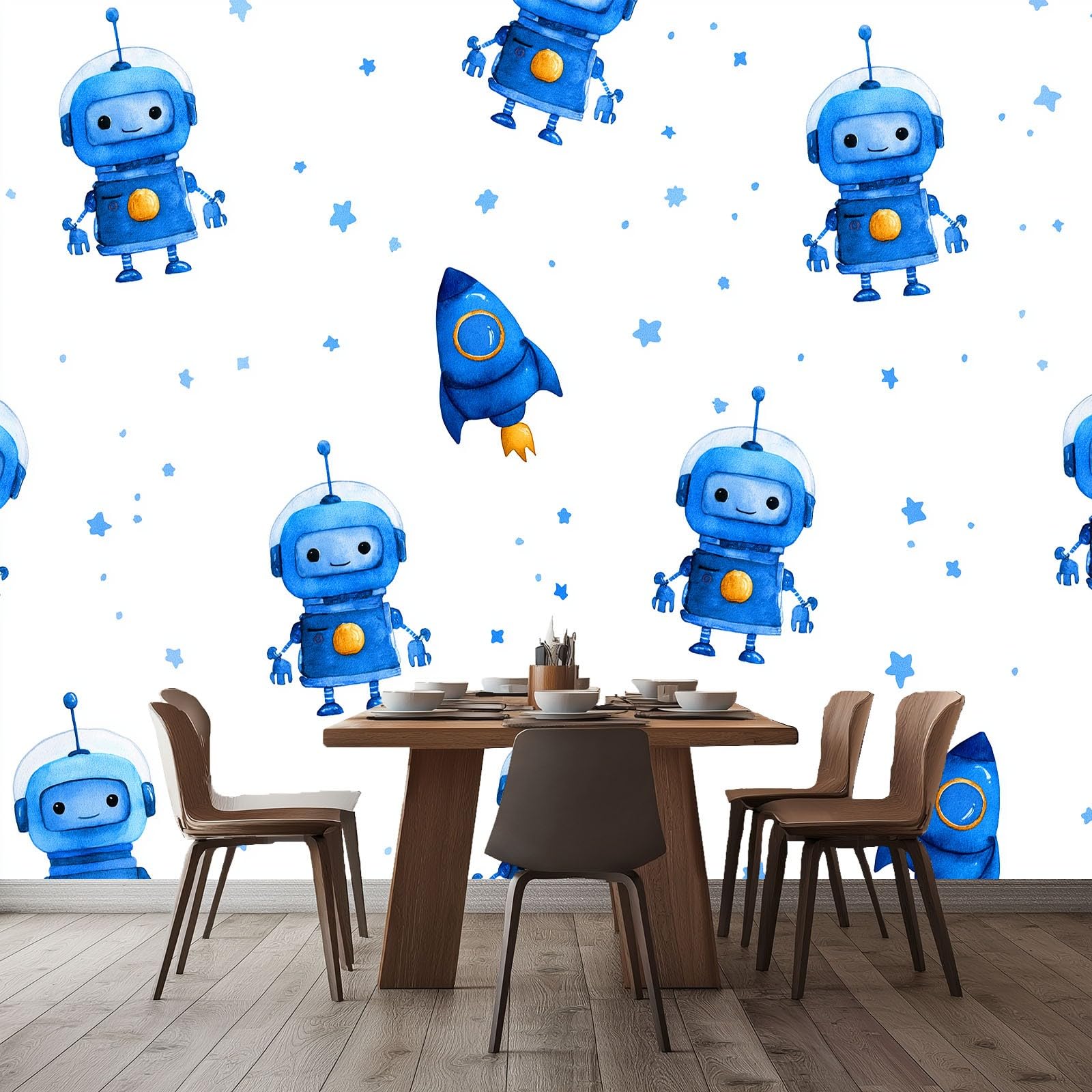Fototapeta z włókniny, z kreskówki, robot kosmiczny, tapeta na fizelinie, biała, do salonu, sypialni, biura, korytarza, 350 x 256 cm, tapeta do pokoju dziecięcego, dla chłopców i dziewczynek