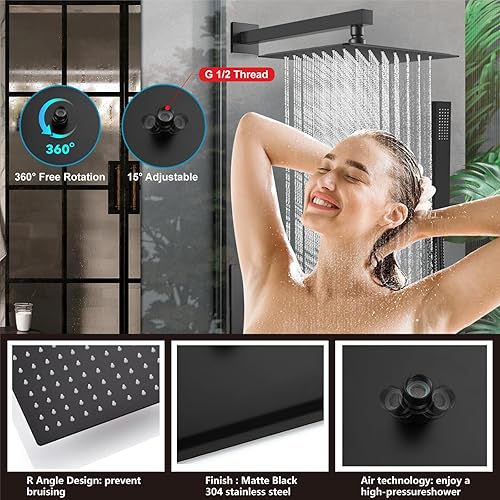 Miniatura 8 de Midanya Sistema de ducha con boquilla de bañera, juego de grifo de ducha con cabezal cuadrado de lluvia y rociador de mano, juego de grifo de pared