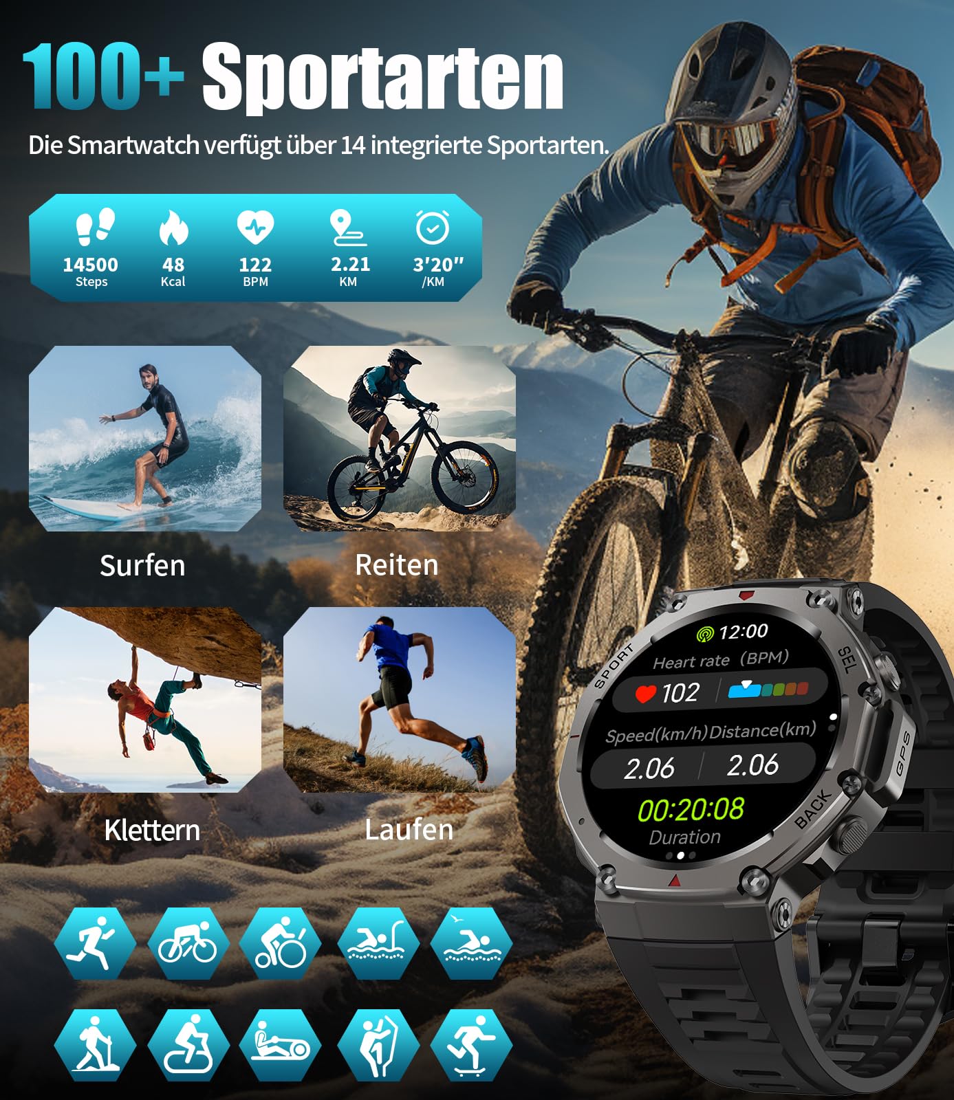 LIGE GPS Smartwatch Uomo DM3, Corpo in Acciaio Inox,5ATM Impermeabile Orologio Fitness con 110+ Modalità Sport/24H Monitoraggio,500mAh,AMOLED,Chiamate Bluetooth Orologio Militare Uomo per Android iOS