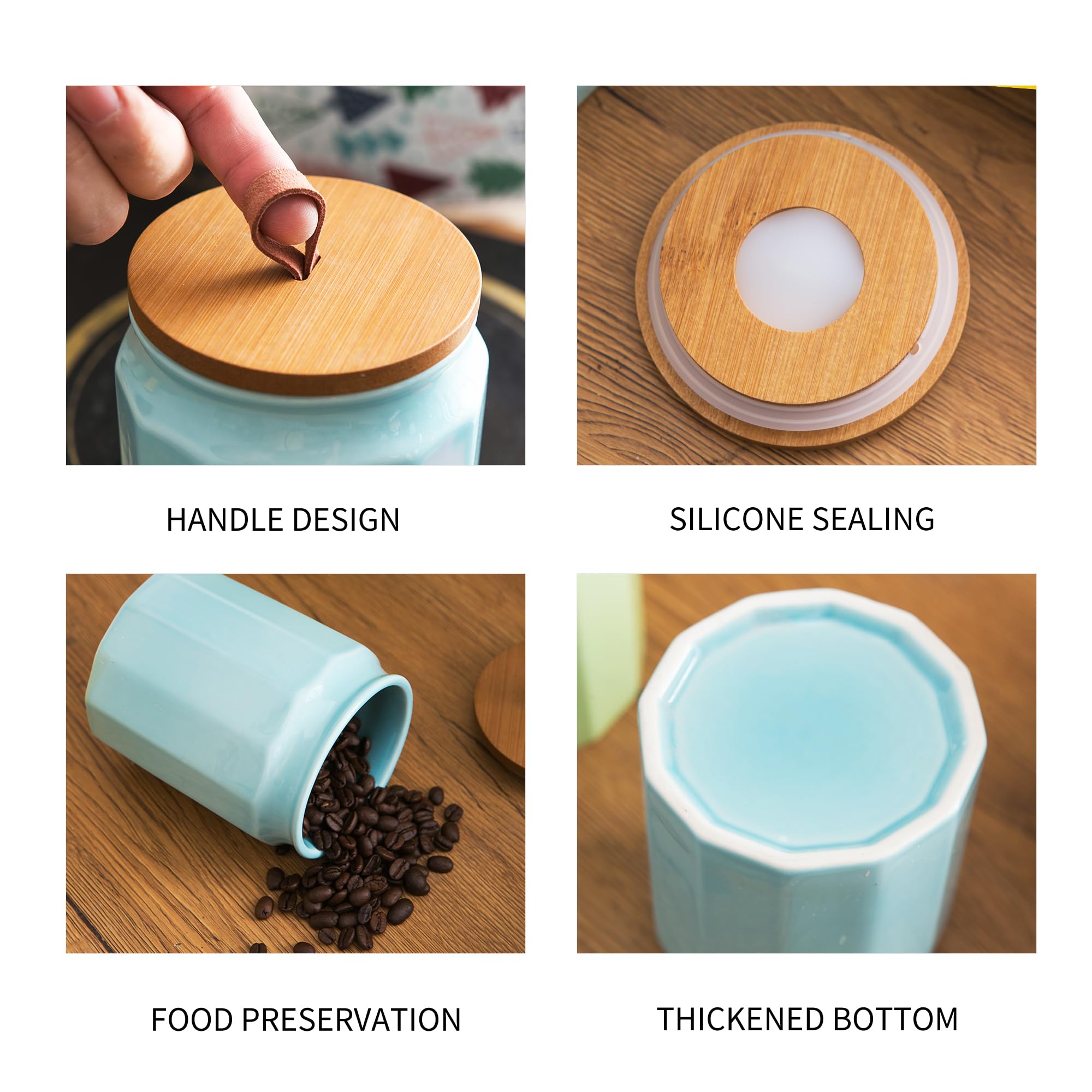 Set di 4 contenitori da cucina in ceramica con coperchi ermetici in bambù, cucchiai ed etichetta, grandi contenitori per farina e zucchero per servire caffè macinato