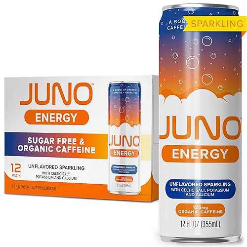 JUNO ENERGY Drink Unflavored Sparkling - Sugar Free Electrolytes, 125mg Organic Caffeine from Green Coffee Beans with Celtic Salt, Potassium & Calcium for Hydration & Energy - 12 Pack