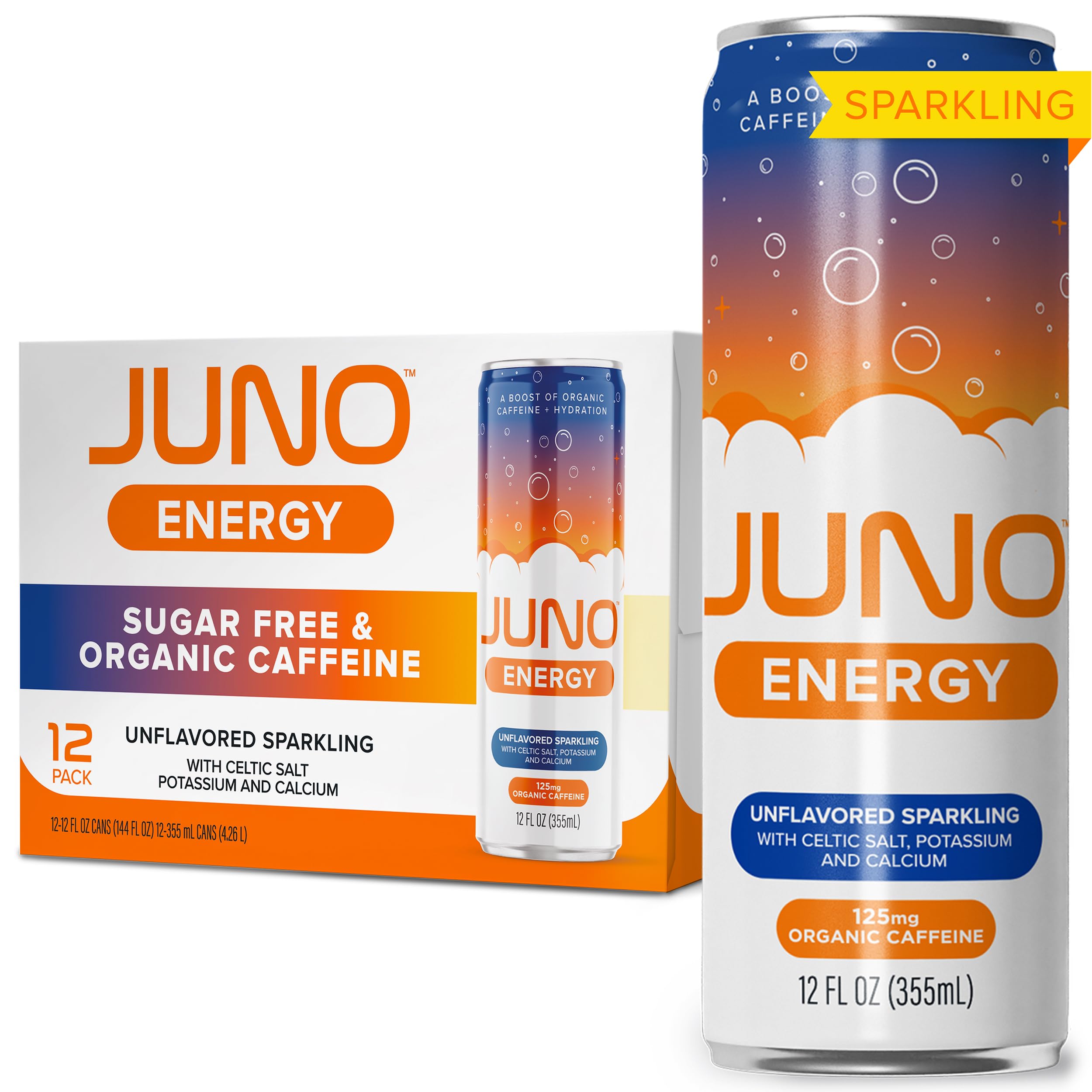 Sponsored Ad - JUNO ENERGY Drink Unflavored Sparkling - Sugar Free Electrolytes, 125mg Organic Caffeine from Green Coffee Beans with Celtic Salt, Potassium & Calcium for Hydration & Energy - 12 Pack