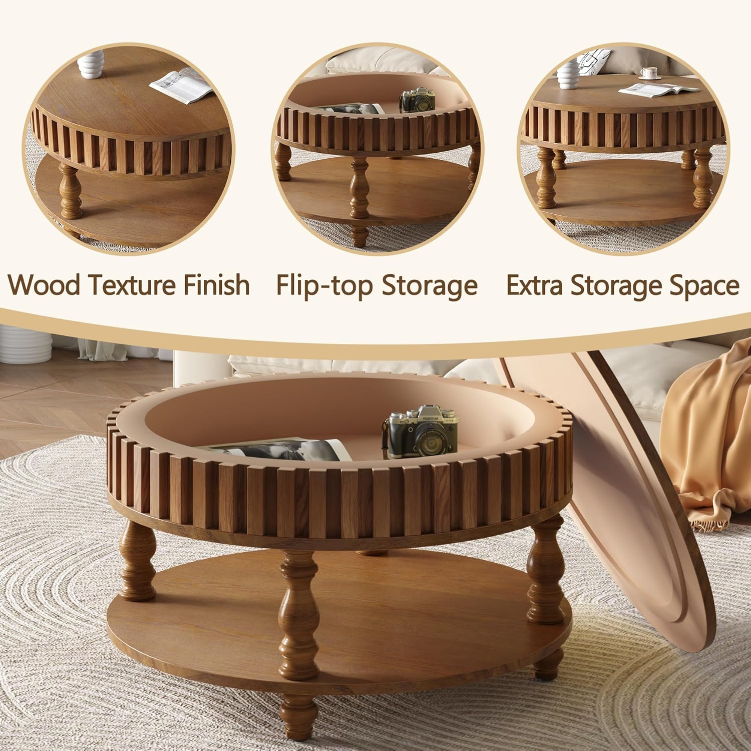 TesNus 31.5'' Round Coffee Table with Storage, Modern Wood Coffee Table for Living Room, Small Center Table with Hidden Compartment & Open Shelf, Farmhouse Boho Mid Century Coffee Tables, Brown