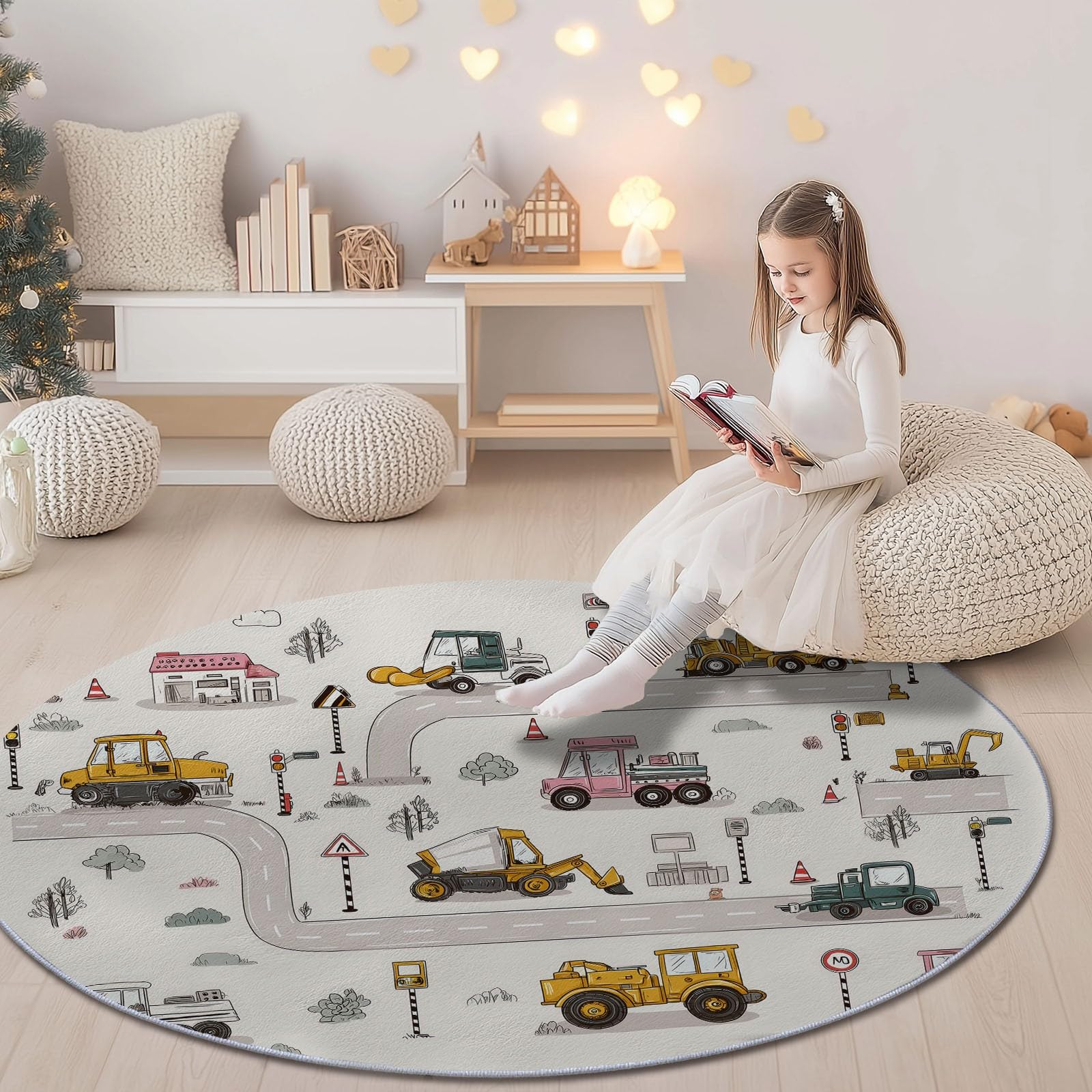 Generico Beige Tappeto Rotondo 120 cm - Antiscivolo Lavabile Tappeti per Cameretta Soggiorno, Cartone Animato Carino Auto Veicoli Stampa Morbido Flanella Tappeto Rotondo per Divano