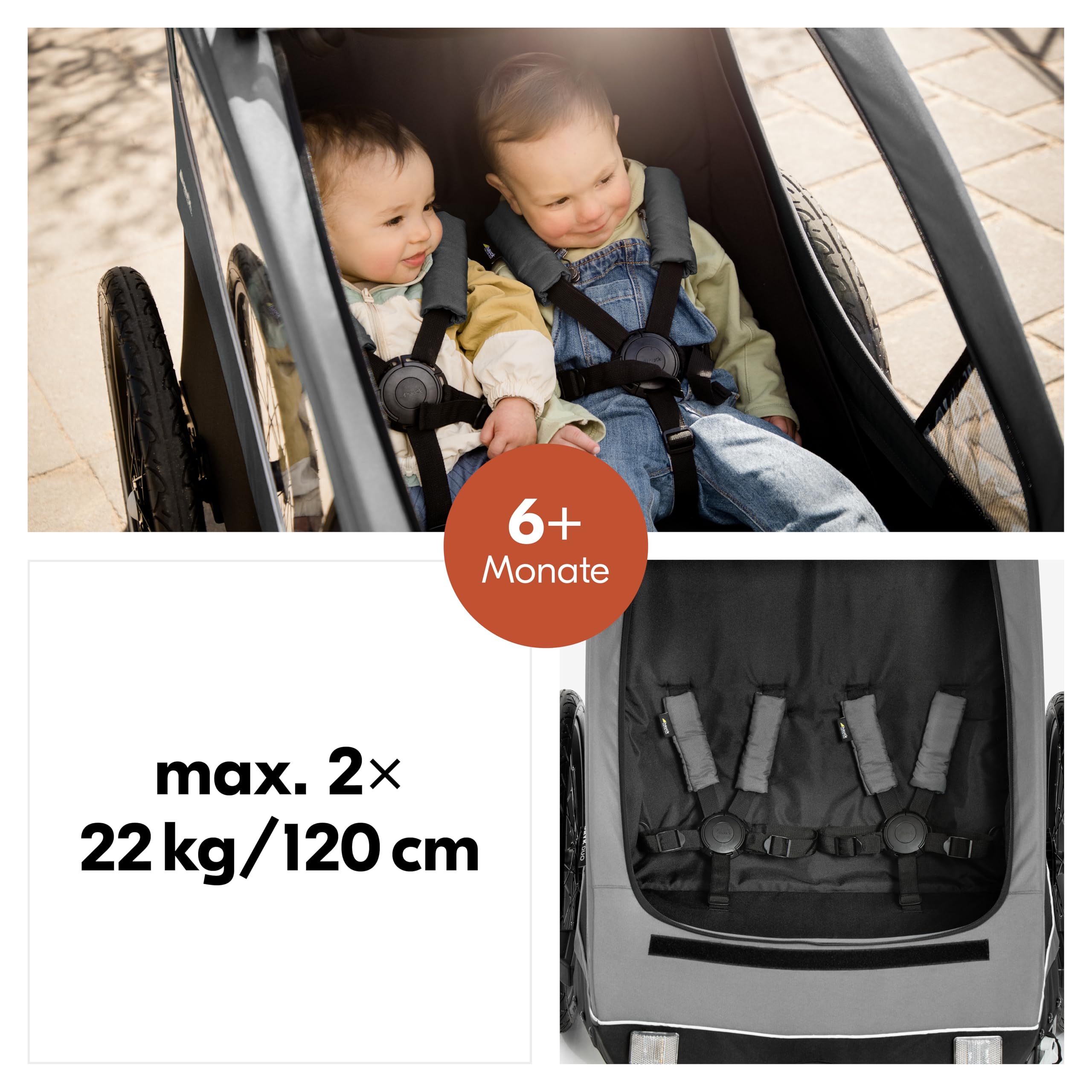 hauck Drky Duo + Regenschutz, Grey - 2in1 Kinderwagen & Fahrradanhänger für 2 Kinder ab 6 Monaten, Zwillings- & Geschwisteranhänger bis 2×22 kg, Luftreifen, Höhenverstellbarer Schieber, Faltbar