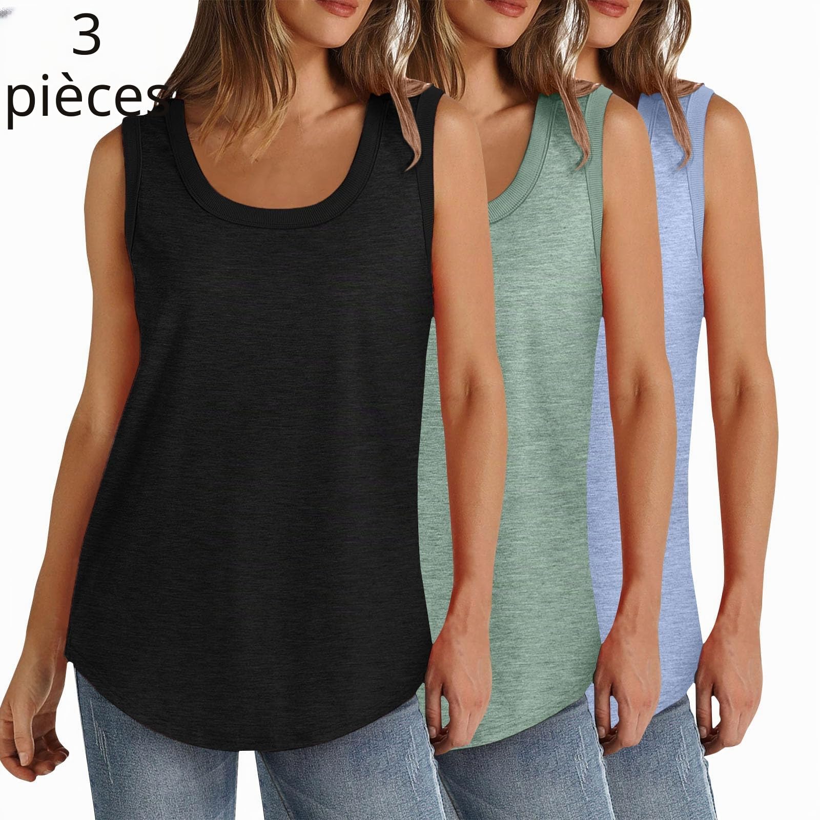 Lot de 3 débardeurs d'été sans manches pour femme - Grande taille - Col rond - Coupe ample - Couleur unie - Décontracté - Léger - Athlétique - Sport - Tunique - Ourlet incurvé (S à 5XL)
