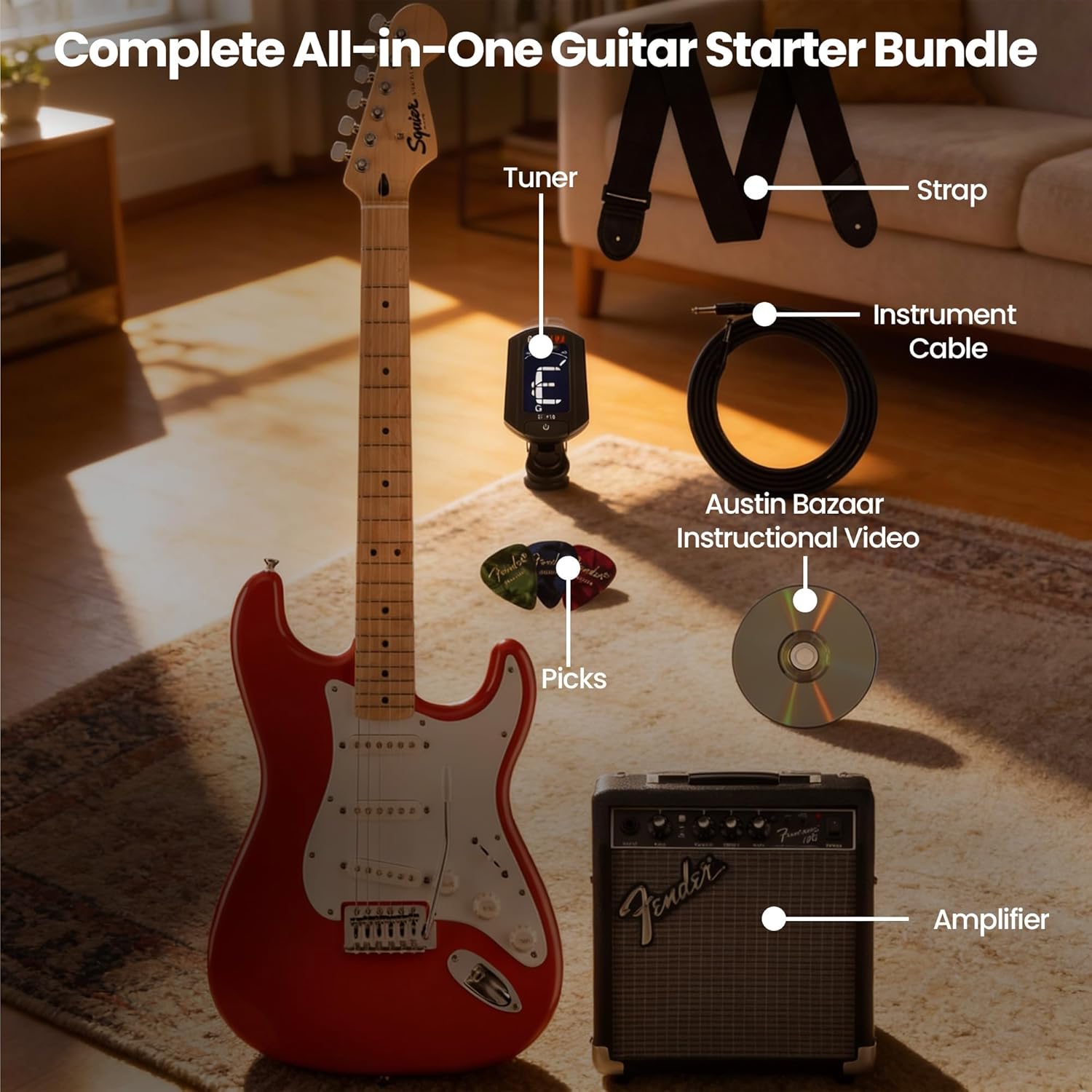Fender Squier Sonic Stratocaster - Fiesta Red Bundle with Amplifier, Instrument Cable, Tuner, Strap, Picks, and Austin Bazaar Instructional Video