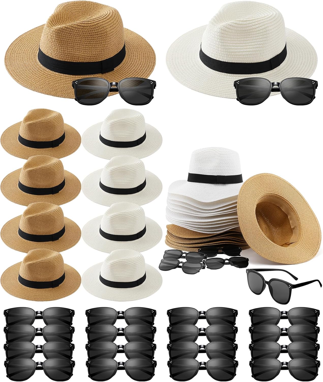 48 Pcs Straw Fedora Style Hat and Sunglasses Bulk 1920s Panama Style Eyeglasses for Wedding Guest Gifts Bridal Shower Halloween Costume Party Supplies Havana Nights