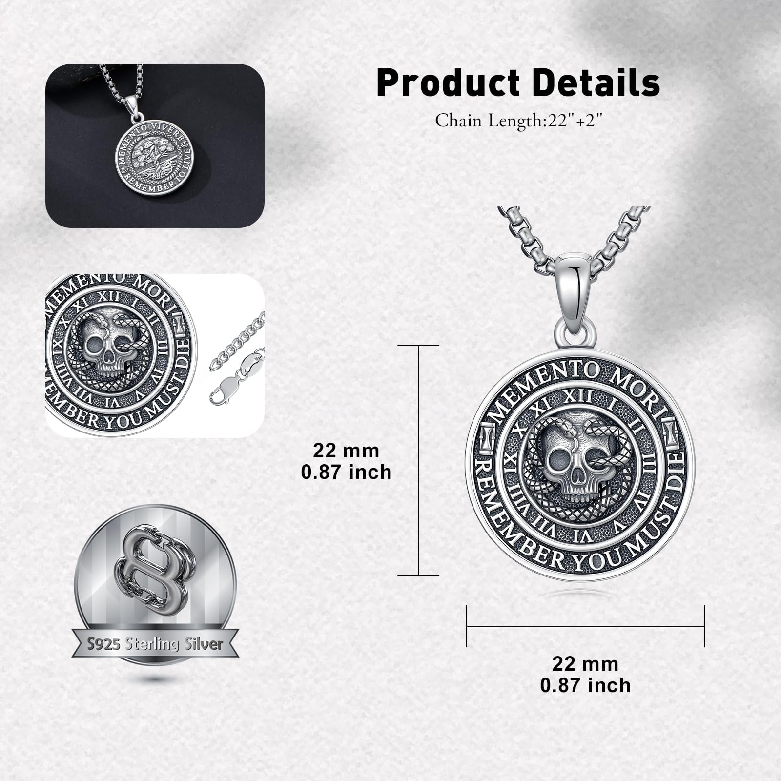 ROMANTICWORK Memento Mori Kette 925 Sterling Silber Skelett/Abalone Muschel/Gothic Punk Skull Memento Mori Anhänger Halskette Gothic Totenkopf Schmuck Geschenk für Herren Männer