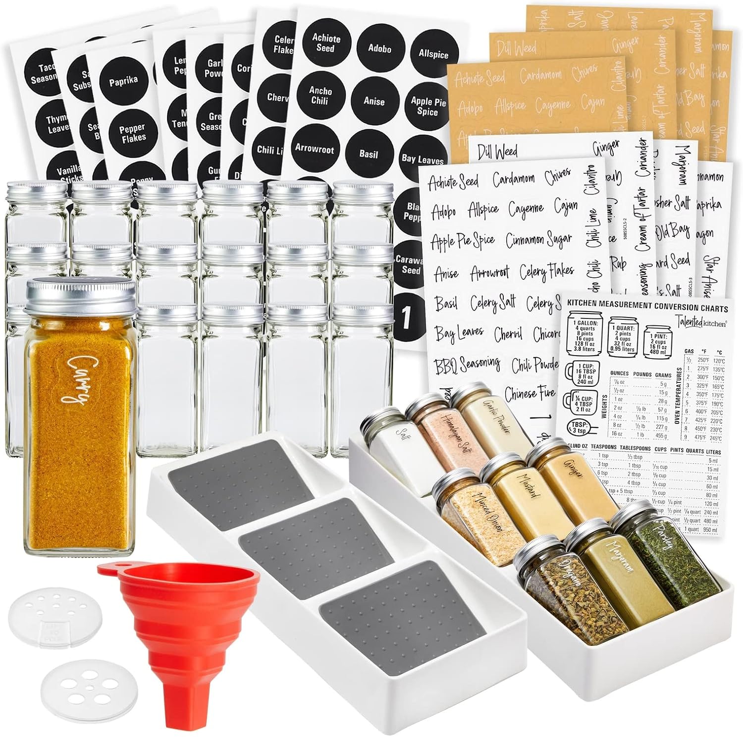 Talented Kitchen 2 Spice Drawer Organizer with Jars and Labels Set, 18 Empty Square 4 oz Spice Bottles Containers, 416 Seasoning Labels, 3 Tier Spice Rack Tray for Cabinet Drawer (5.9 x 15 In)