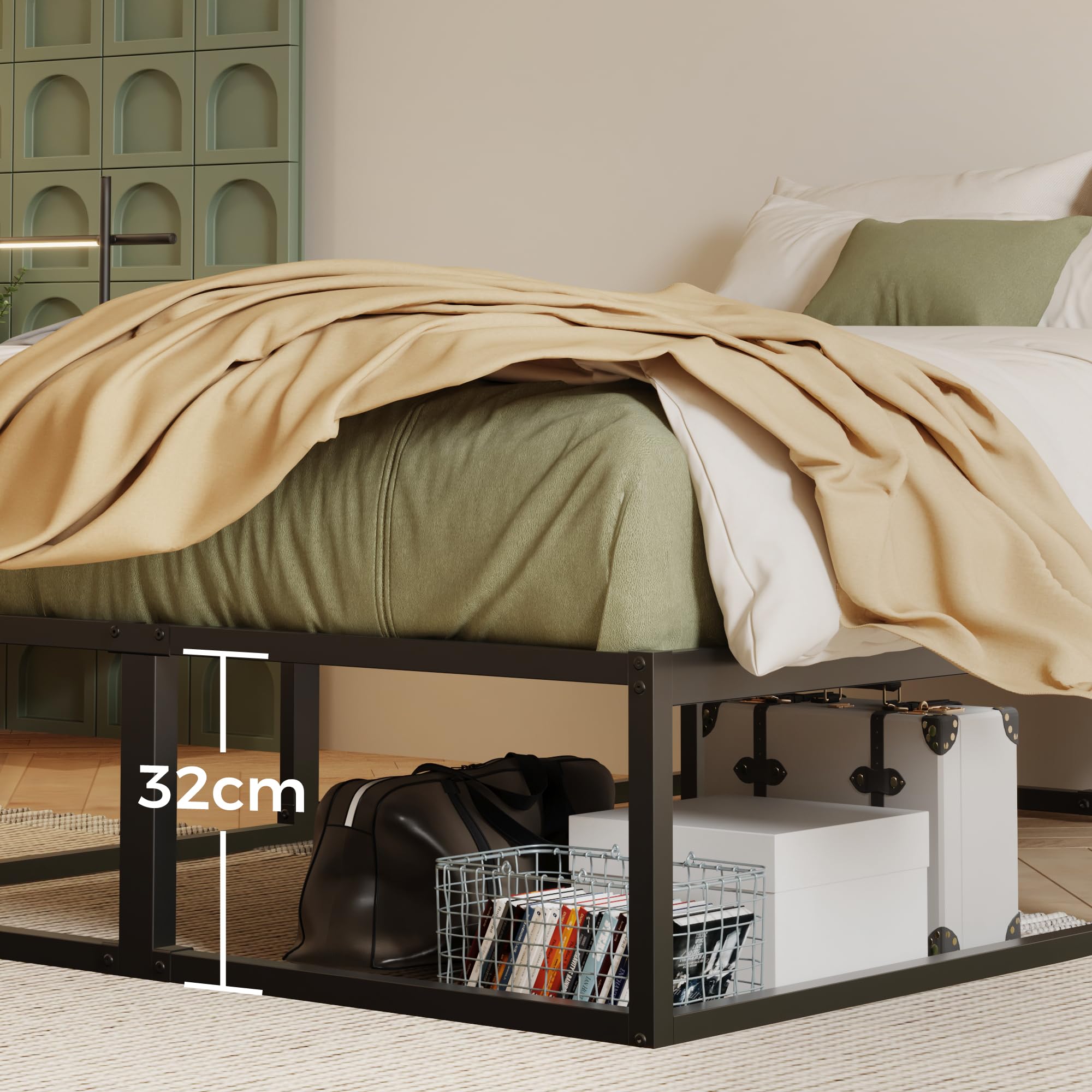 EMODA Bettgestell 180 x 200 cm mit lattenroste, 36cm hoch viel Stauraum, | Doppelbett viel Stauraum, Stabiles Metallbett, Einfache Montage, Geräuschlos, Schwarz