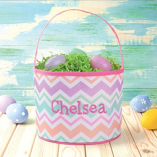 Miniatura 2 de Bolsa de cubo personalizada Chevron con nombre personalizado | Bolsa de Pascua a rayas naranja y rosa con asa | Cesta de huevos suave para niños |