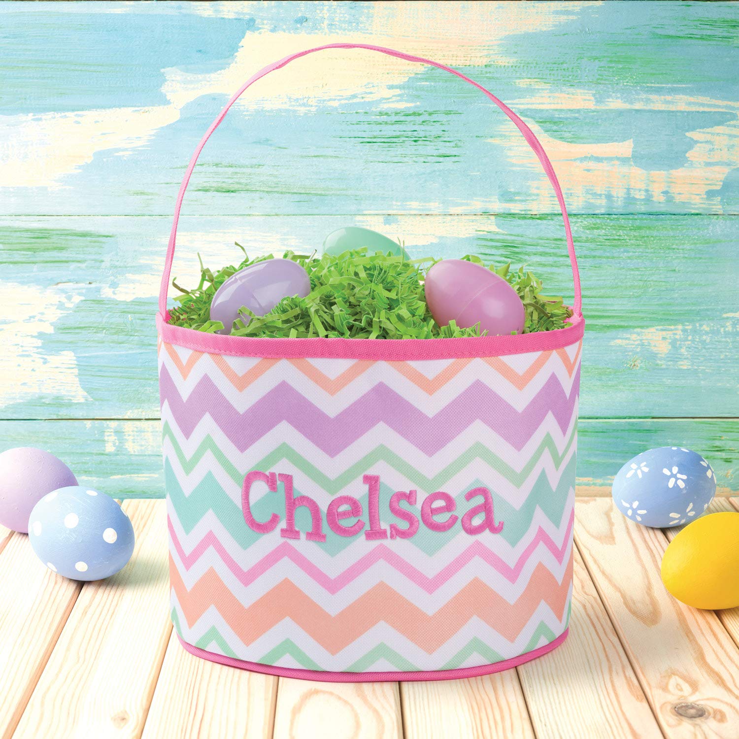 Personalized Chevron Bucket Bag with Custom Name | Orange and Pink Stripped Easter Bag with Handle | Soft Egg Basket for Kids | Customized Easter Basket | Great for Easter Egg Games