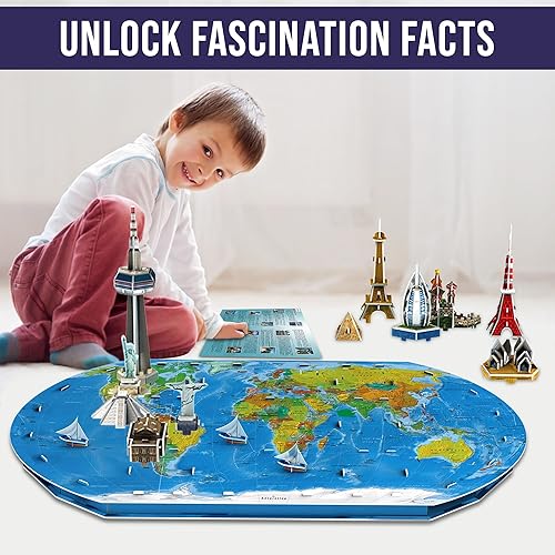 Miniatura 5 de Rompecabezas 3D de mapa del mundo, divertido juego de geografía para niños con 12 Mundos de Maravillas - Kit de construcción de modelos de bricolaje