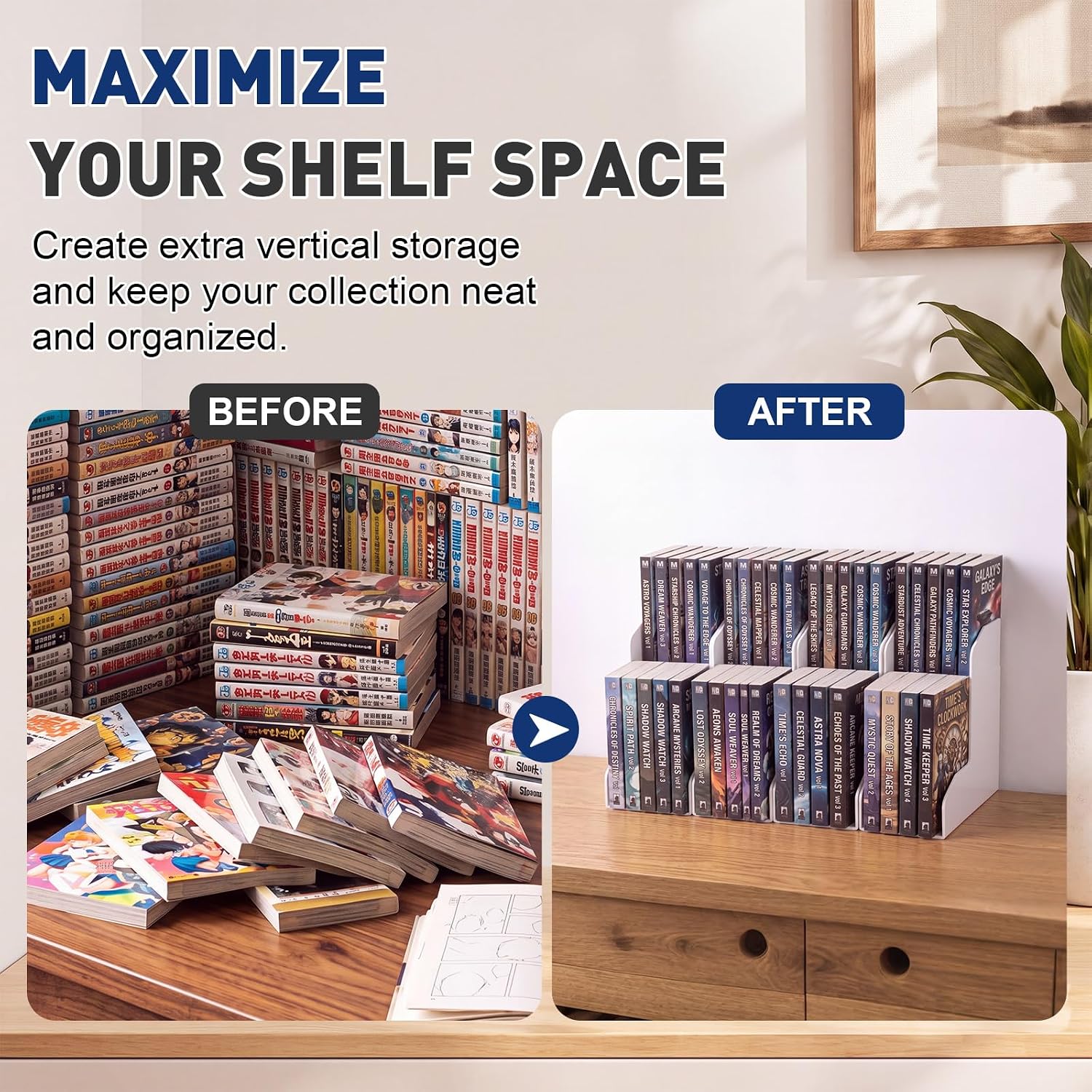 4 Pack 2 Tier Manga Shelf Risers, ABS Double Row Comic Book Storage,White | Space Saving Deep Shelf Book Stand Organizer, Visible Spine, for Manga, Comic, Figurine, Magazine Display, Bookcase Bookshelf