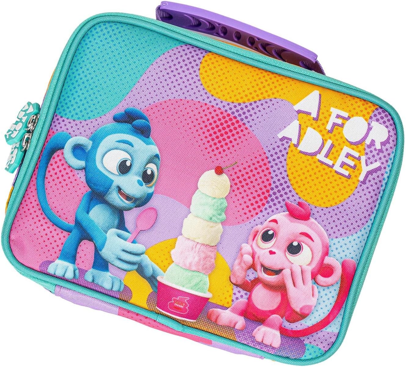 A FOR ADLEY Lunchbox. Featuring Adley's Neon Rainbow Friends on a Zebra Rainbow Printed Lunchbox (Monkey Buddies)