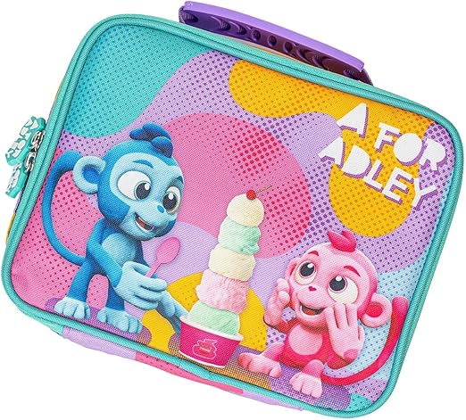 A FOR ADLEY Lunchbox. Featuring Adley's Neon Rainbow Friends on a Zebra Rainbow Printed Lunchbox (Monkey Buddies)