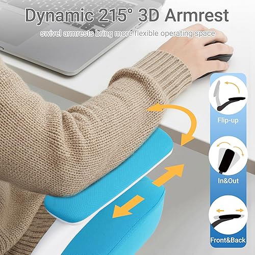 Vista 6 de HYLONE Silla de dibujo alta de oficina con reposabrazos abatibles, silla ergonómica para computadora con soporte lumbar, reposapiés ajustable, Azul