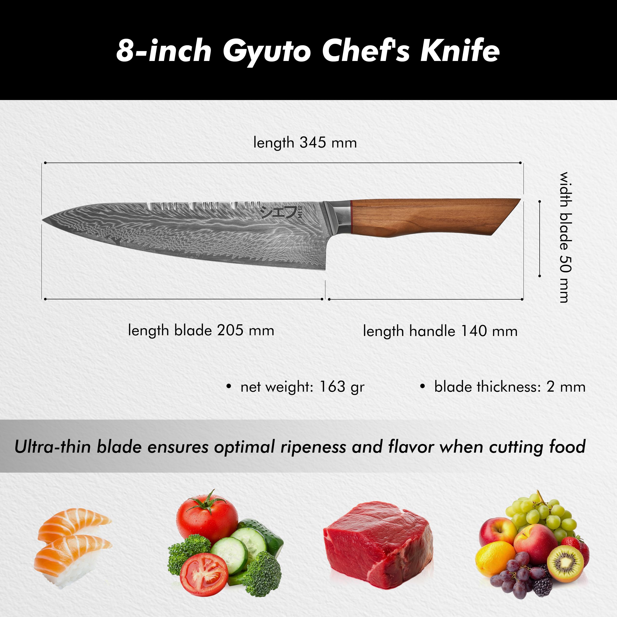 MEG Cuchillo Chef Gyuto Japones, Damasco de 73 capas con patrón pluma – Acero Alto Carbono, Filo en V Profesional, Mango de madera de olivo y Caja de Madera de Acacia – Cuchillo de Cocina Premium
