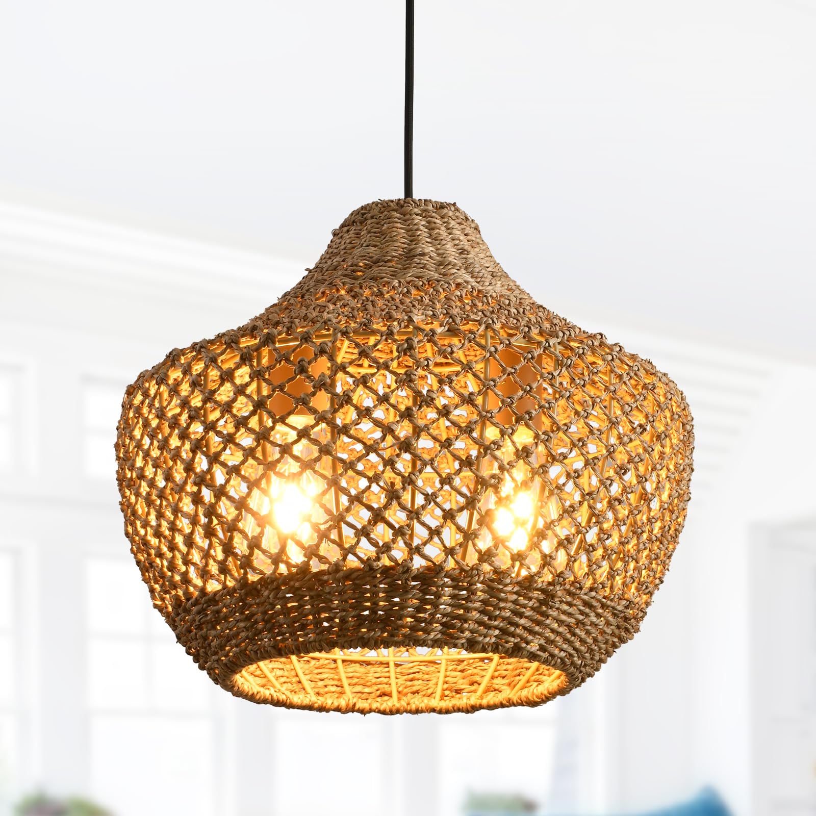 Photo 1 of HUAHENGHAO 2-Light Rattan Pendant Light, Brown Wicker Chandelier